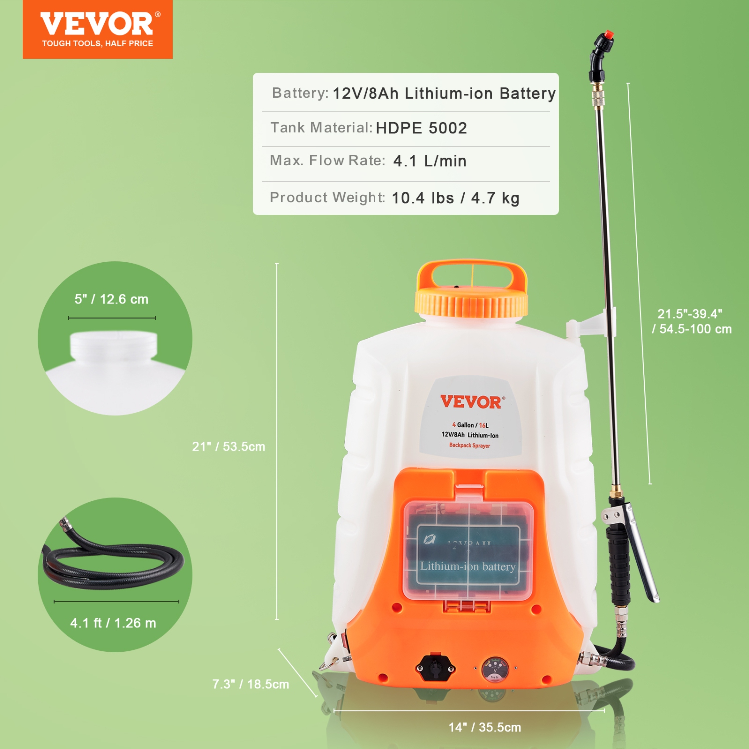 VEVOR 0-90 PSI Battery Powered Backpack Sprayer, Adjustable Pressure, 4 Gallon Tank, Back Pack Sprayer with 8 Nozzles and 2 Wands, 12V 8Ah Battery,