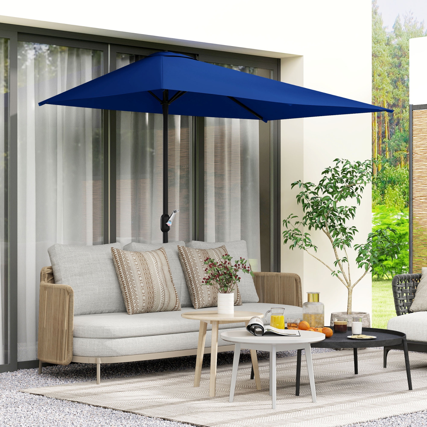 Demi-parasol extérieur Outsunny 8&nbsp;pi Parasol jardin Fenêtre solaire extérieur 5 côtes bleu foncé
