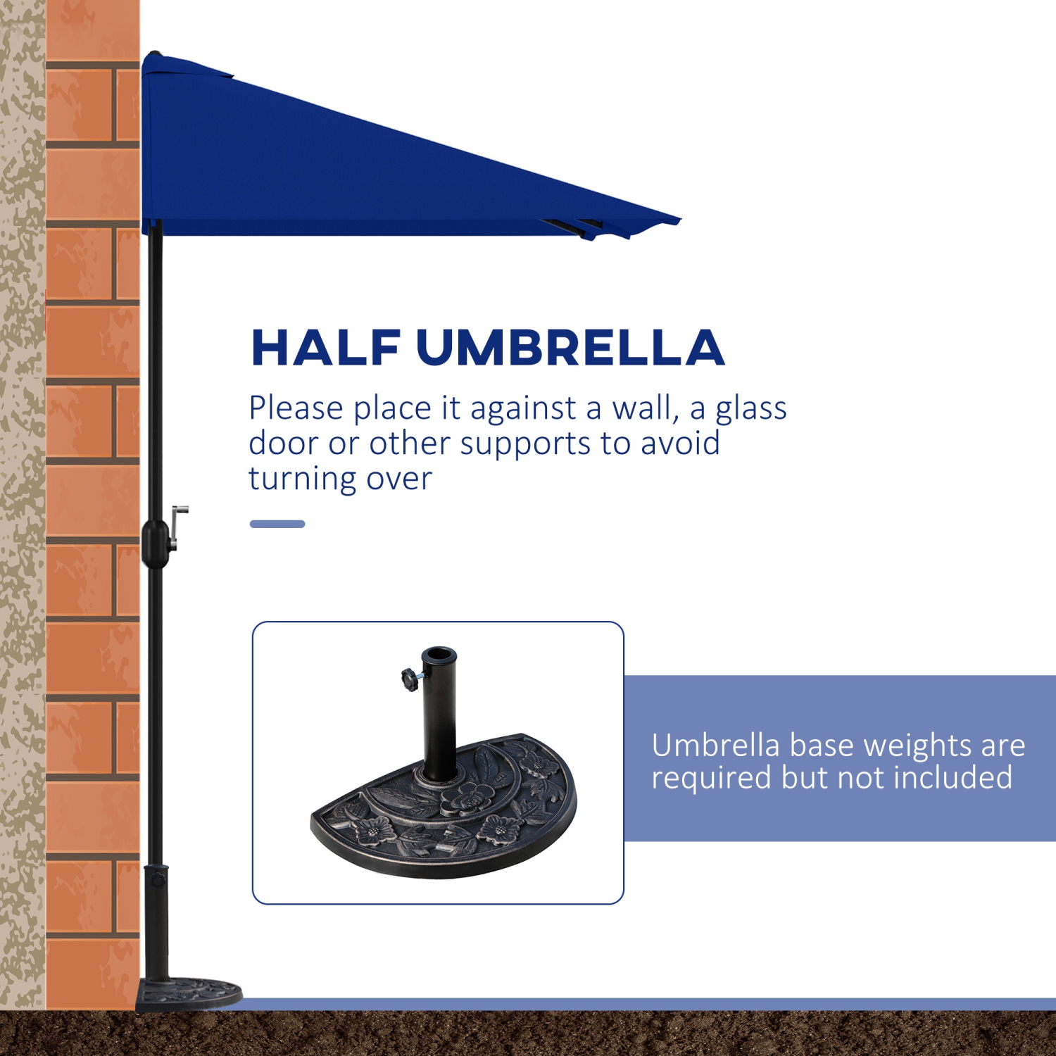 Demi-parasol extérieur Outsunny 8&nbsp;pi Parasol jardin Fenêtre solaire extérieur 5 côtes bleu foncé