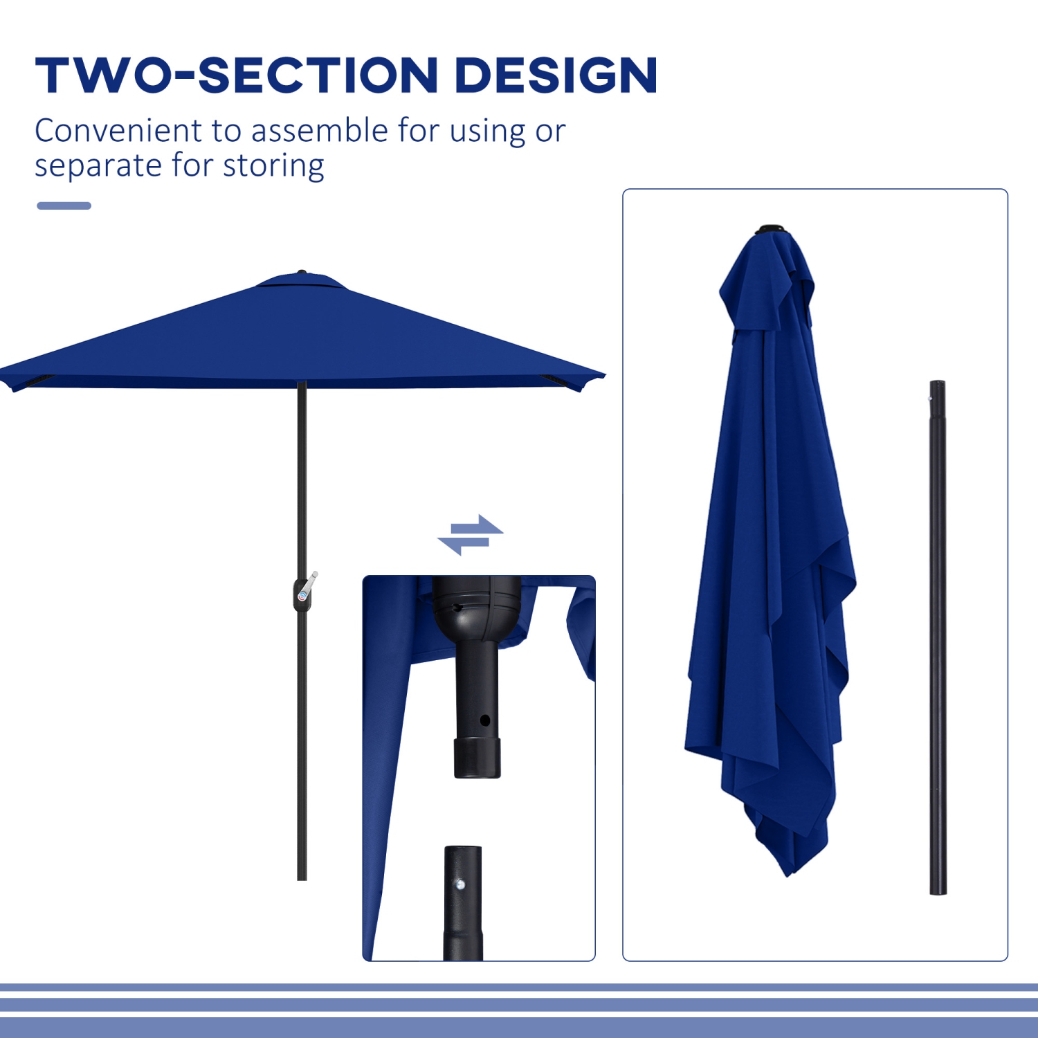 Demi-parasol extérieur Outsunny 8&nbsp;pi Parasol jardin Fenêtre solaire extérieur 5 côtes bleu foncé