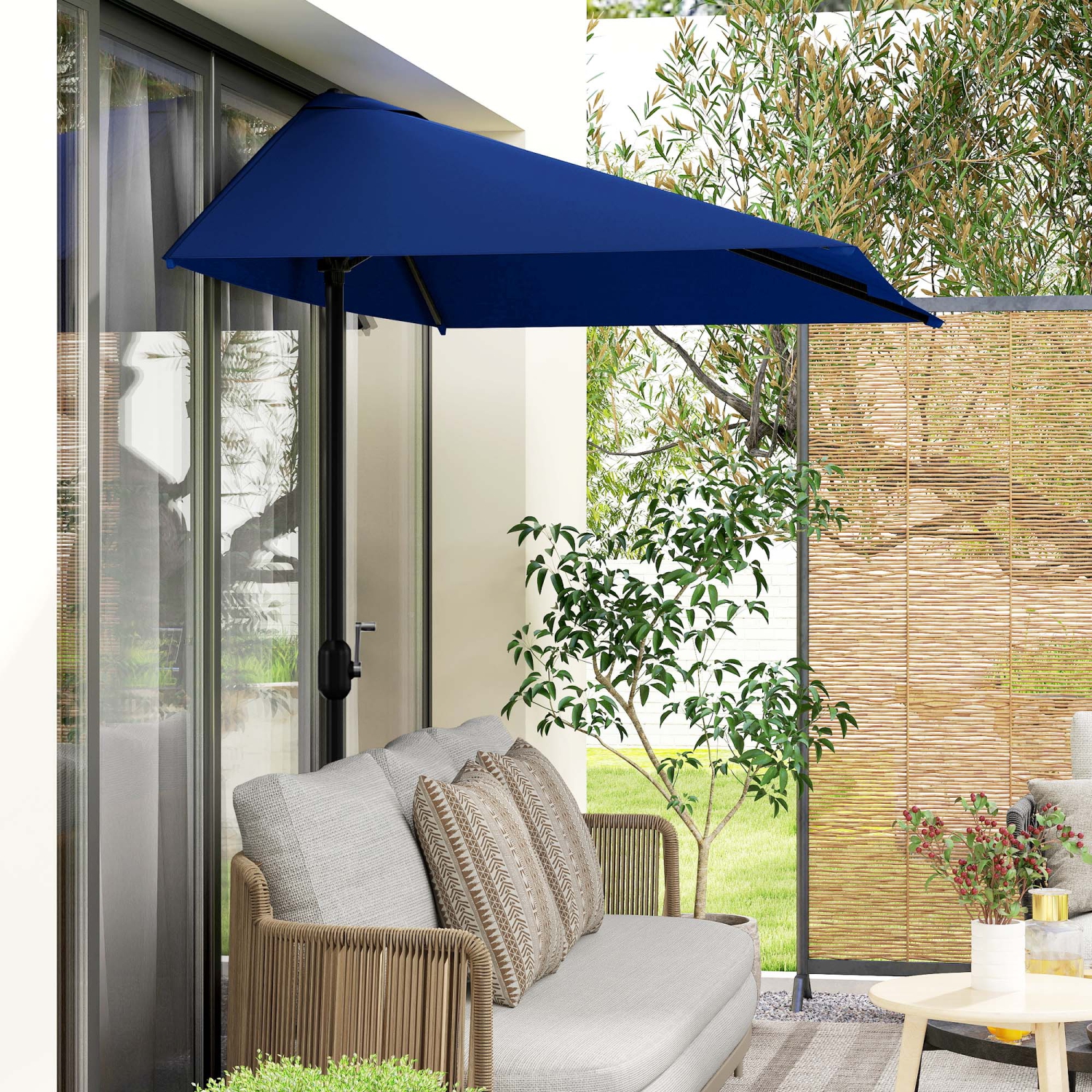Demi-parasol extérieur Outsunny 8&nbsp;pi Parasol jardin Fenêtre solaire extérieur 5 côtes bleu foncé