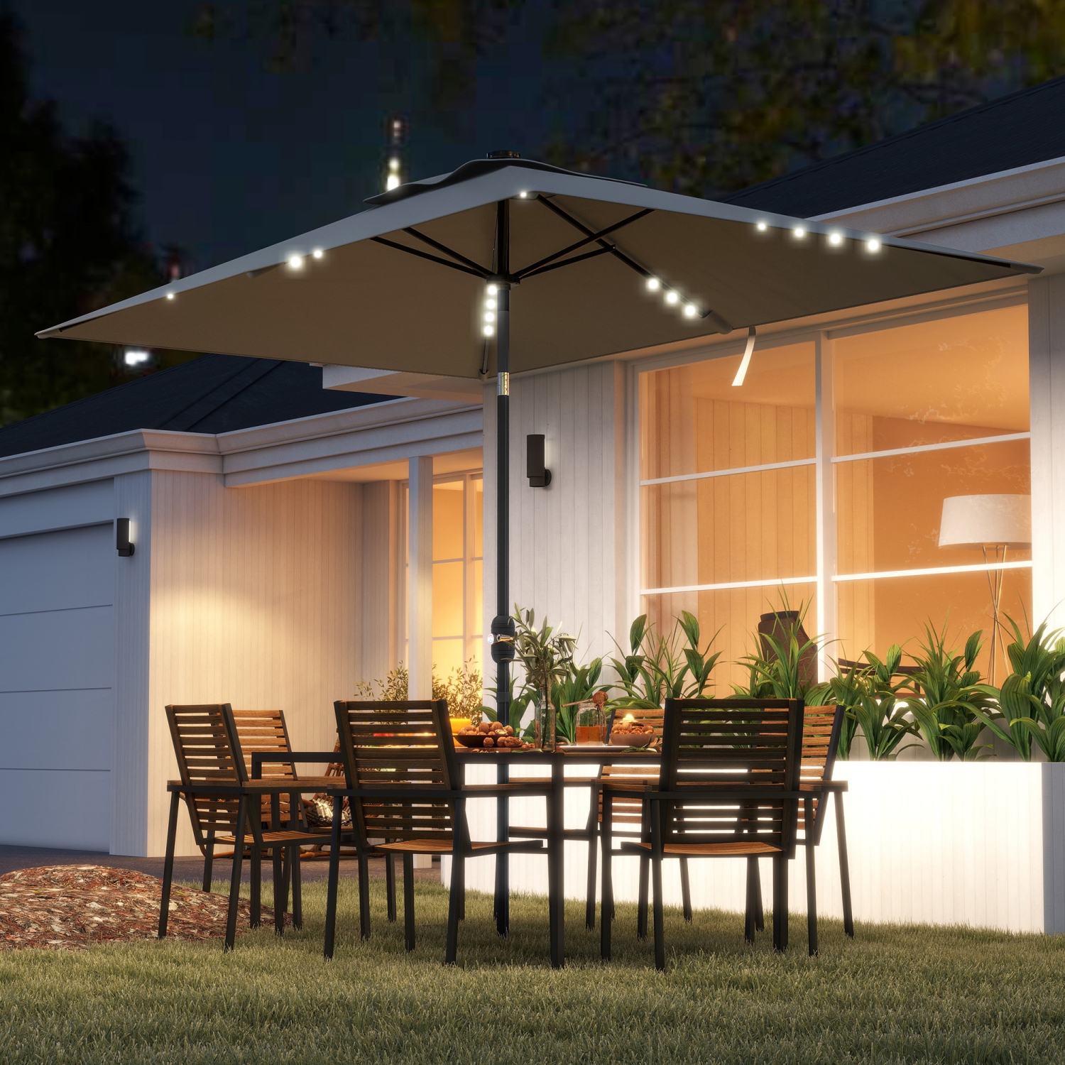 Outsunny 6' x 10' Patio Umbrella with 22 LED Solar Lights and Tilt, Rectangular Outdoor Table Umbrella with Crank, Light Grey