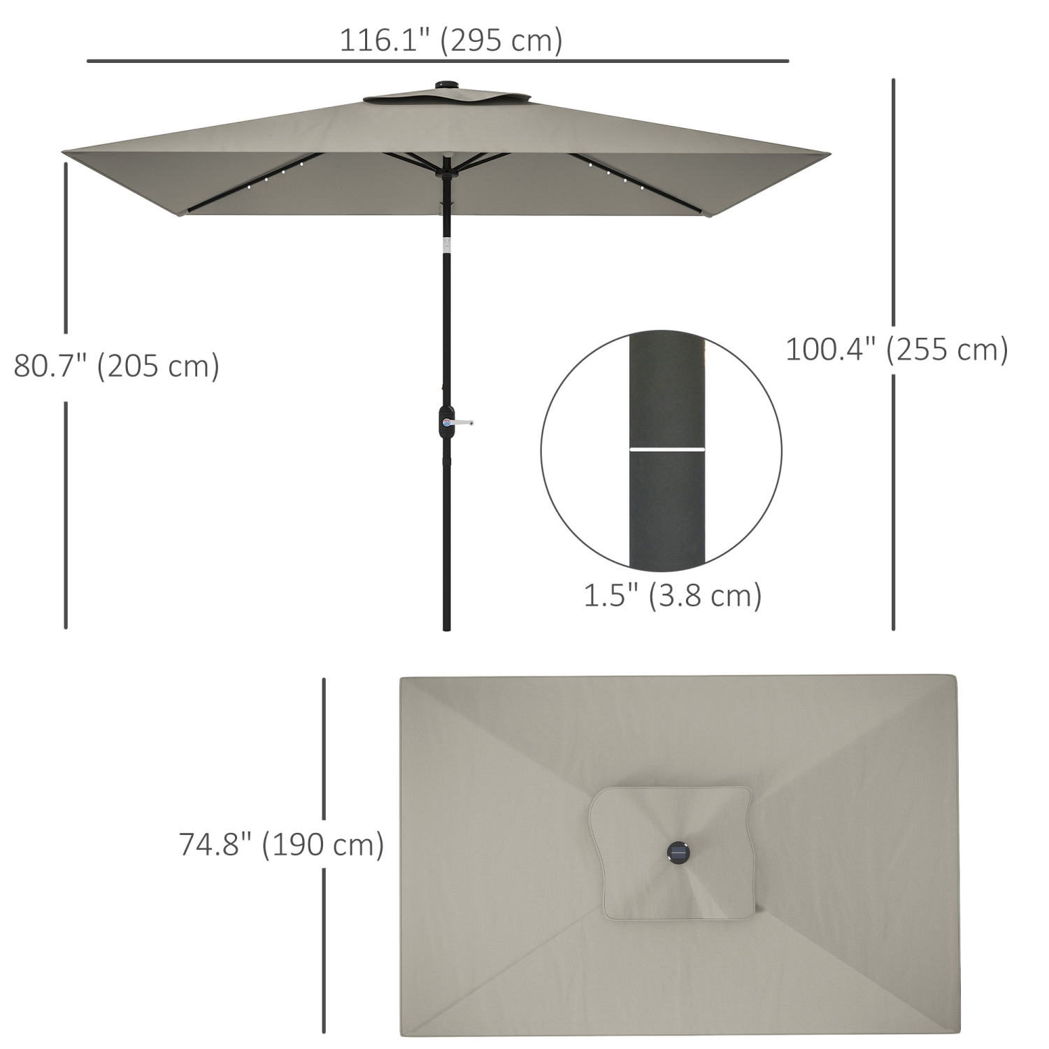 Outsunny 6' x 10' Patio Umbrella with 22 LED Solar Lights and Tilt, Rectangular Outdoor Table Umbrella with Crank, Light Grey