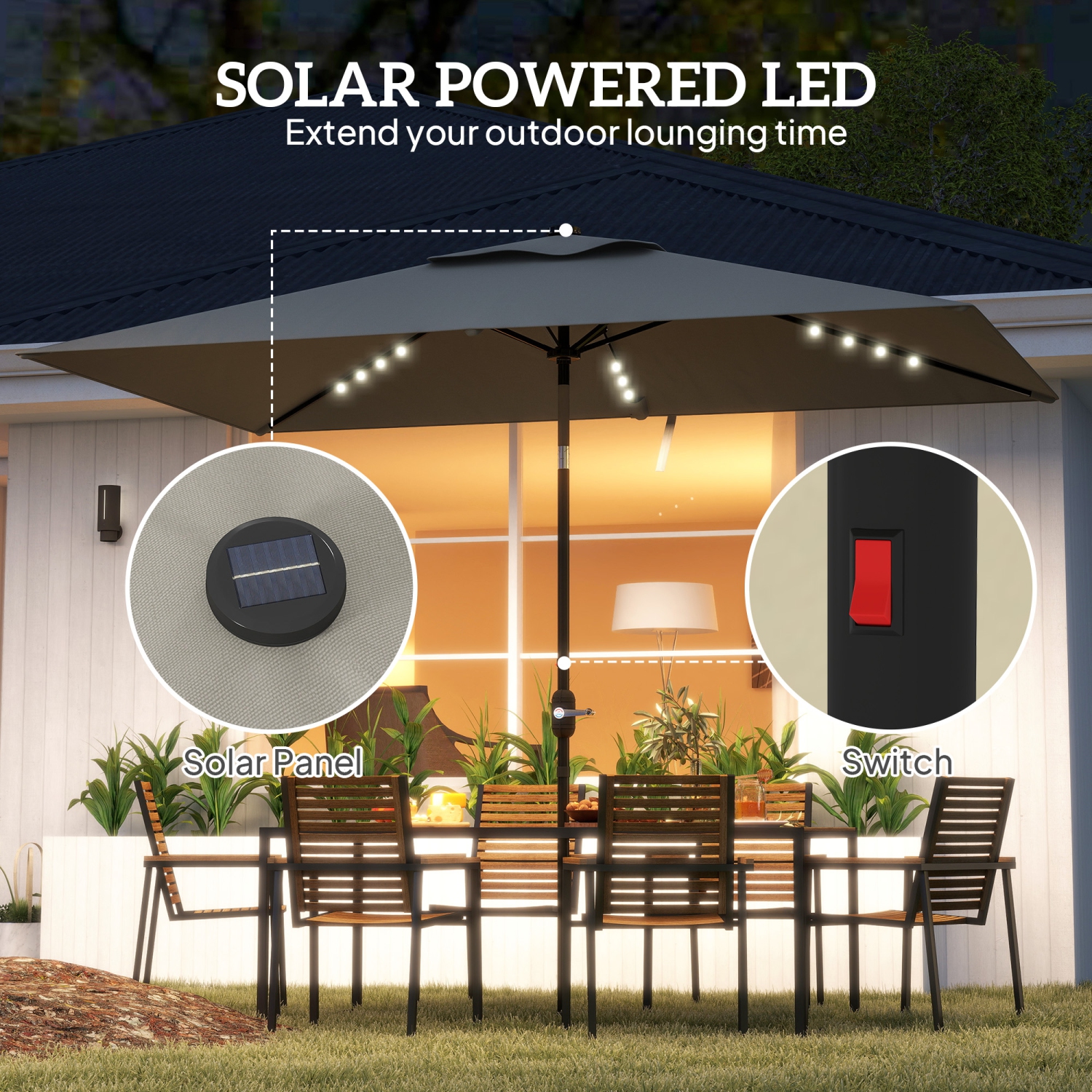 Outsunny 6' x 10' Patio Umbrella with 22 LED Solar Lights and Tilt, Rectangular Outdoor Table Umbrella with Crank, Light Grey
