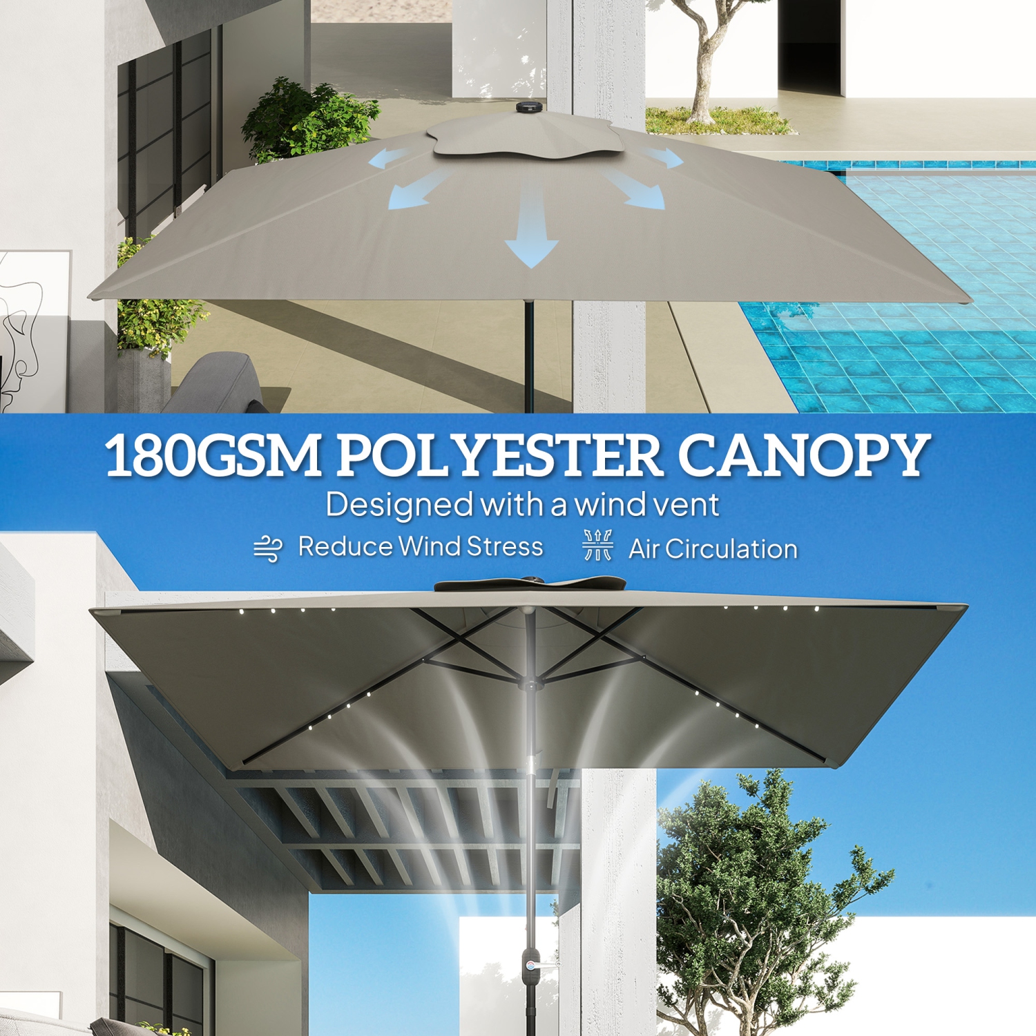 Outsunny 6' x 10' Patio Umbrella with 22 LED Solar Lights and Tilt, Rectangular Outdoor Table Umbrella with Crank, Light Grey