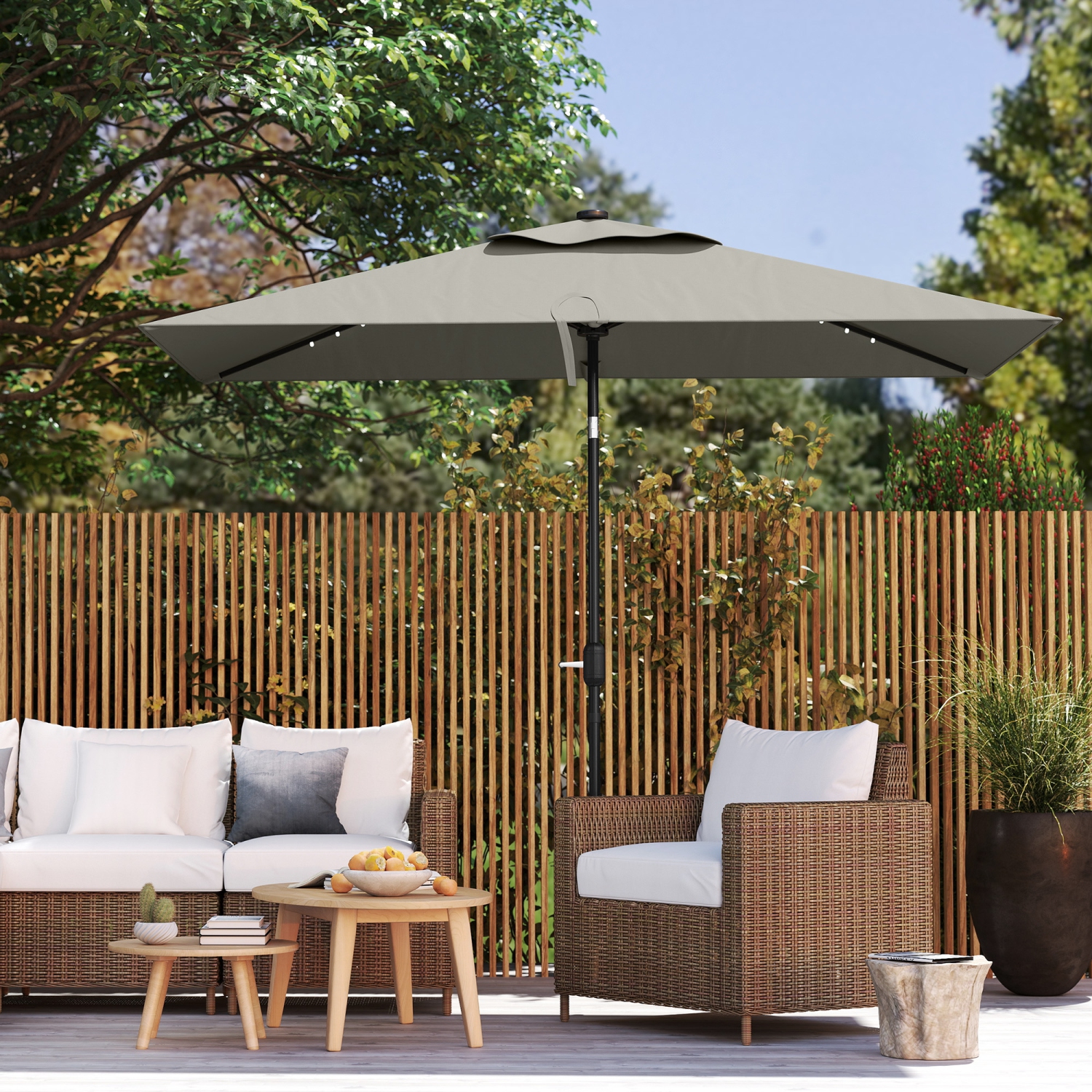 Outsunny 6' x 10' Patio Umbrella with 22 LED Solar Lights and Tilt, Rectangular Outdoor Table Umbrella with Crank, Light Grey