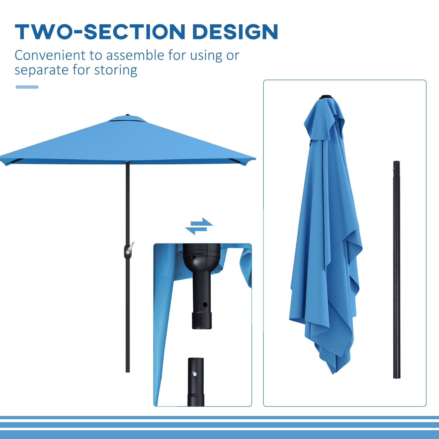 Demi-parasol extérieur Outsunny 8 pi Parasol extérieur balcon Pare-soleil extérieur fenêtre/5 côtes bleu pâle