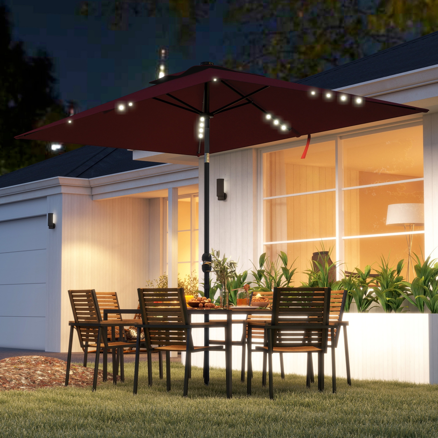 Outsunny 6' x 10' Patio Umbrella with 22 LED Solar Lights and Tilt, Rectangular Outdoor Table Umbrella with Crank, Wine Red