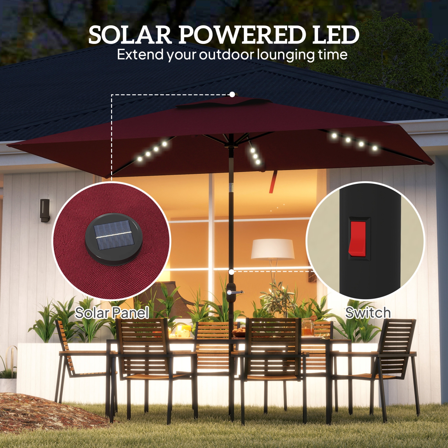 Outsunny 6' x 10' Patio Umbrella with 22 LED Solar Lights and Tilt, Rectangular Outdoor Table Umbrella with Crank, Wine Red