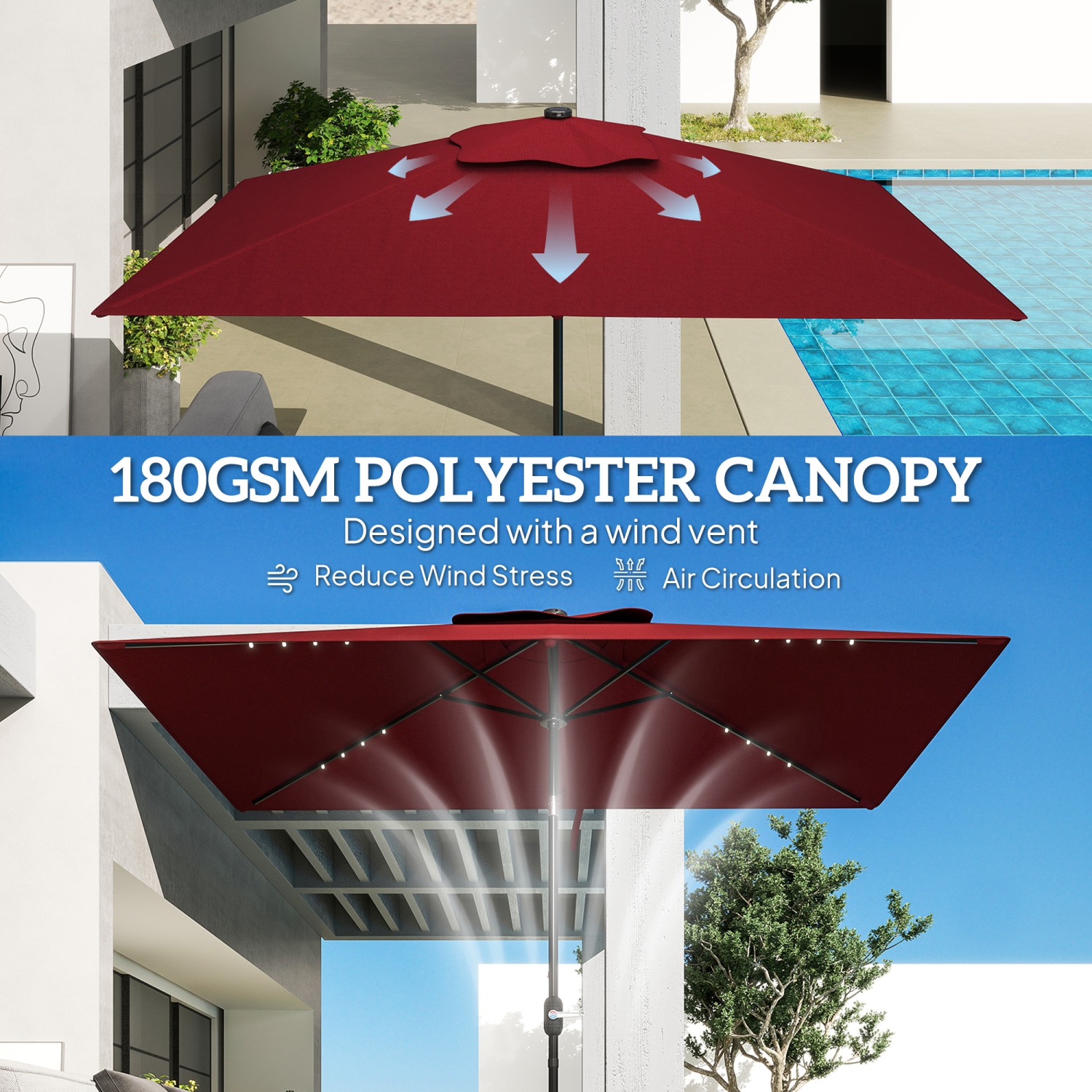 Outsunny 6' x 10' Patio Umbrella with 22 LED Solar Lights and Tilt, Rectangular Outdoor Table Umbrella with Crank, Wine Red
