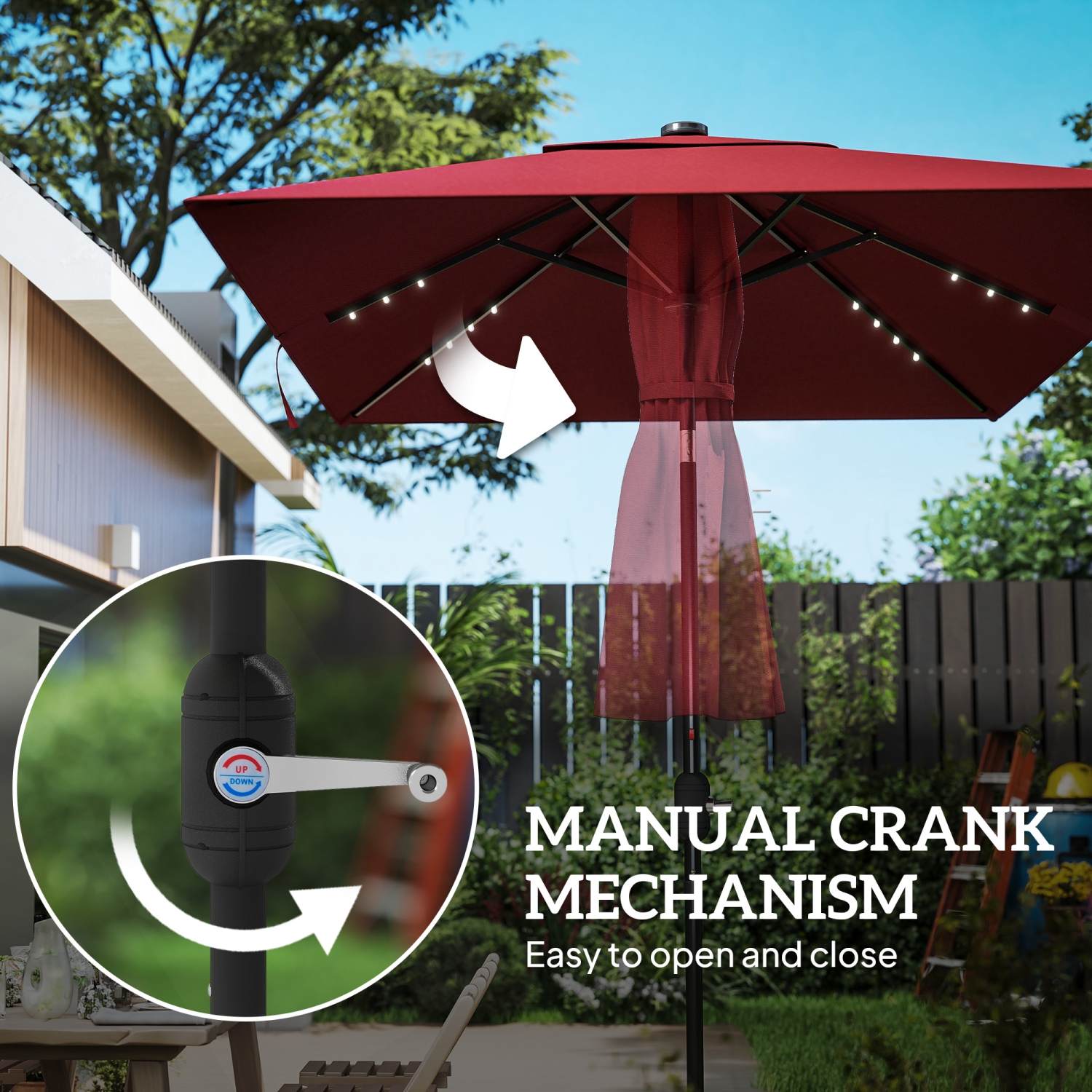 Outsunny 6' x 10' Patio Umbrella with 22 LED Solar Lights and Tilt, Rectangular Outdoor Table Umbrella with Crank, Wine Red