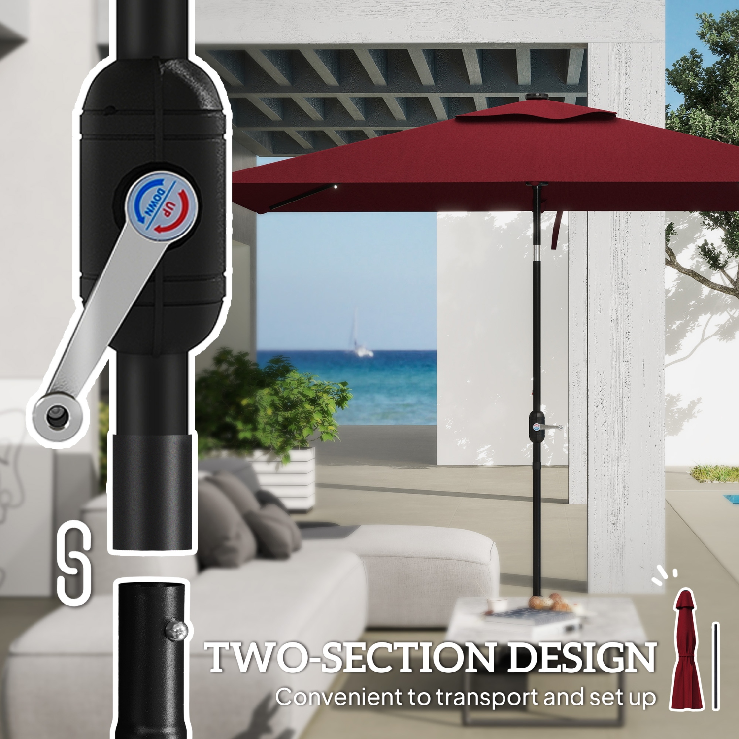 Outsunny 6' x 10' Patio Umbrella with 22 LED Solar Lights and Tilt, Rectangular Outdoor Table Umbrella with Crank, Wine Red