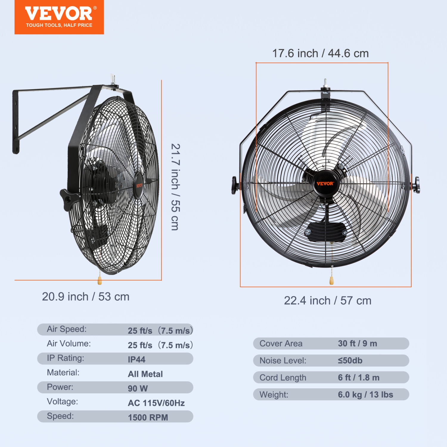 VEVOR 18 Inch Wall Mount Fan, 3-speed High Velocity Max. 4150 CFM, Waterproof Oscillating Industrial Wall Fan, Commercial or Residential for