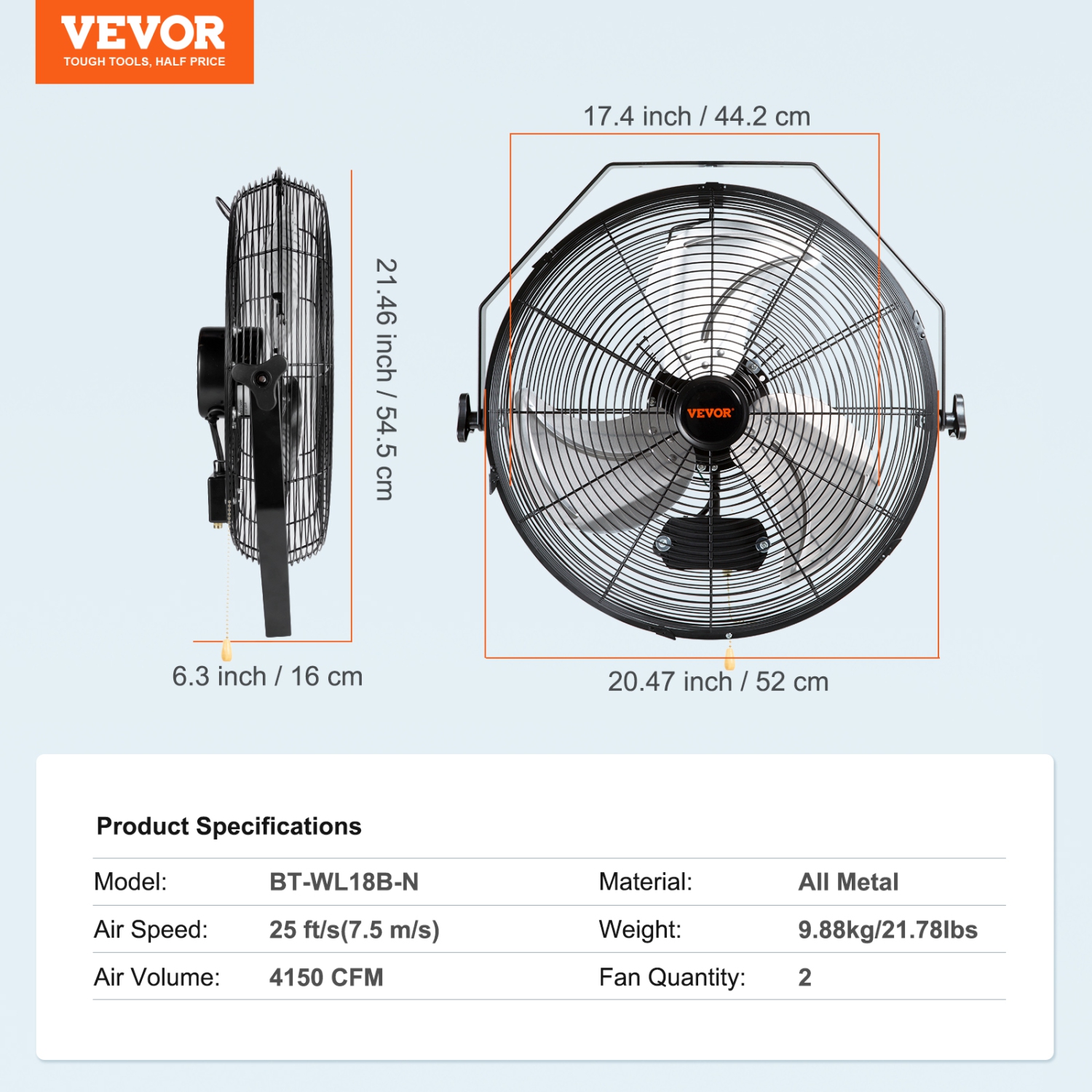 VEVOR 2 PCS 18 inch Wall Mount Fan, Manual 360-Degree Tilt Adjustment, 3-speed High Velocity Max. 4000 CFM Industrial Wall Fan for Indoor,