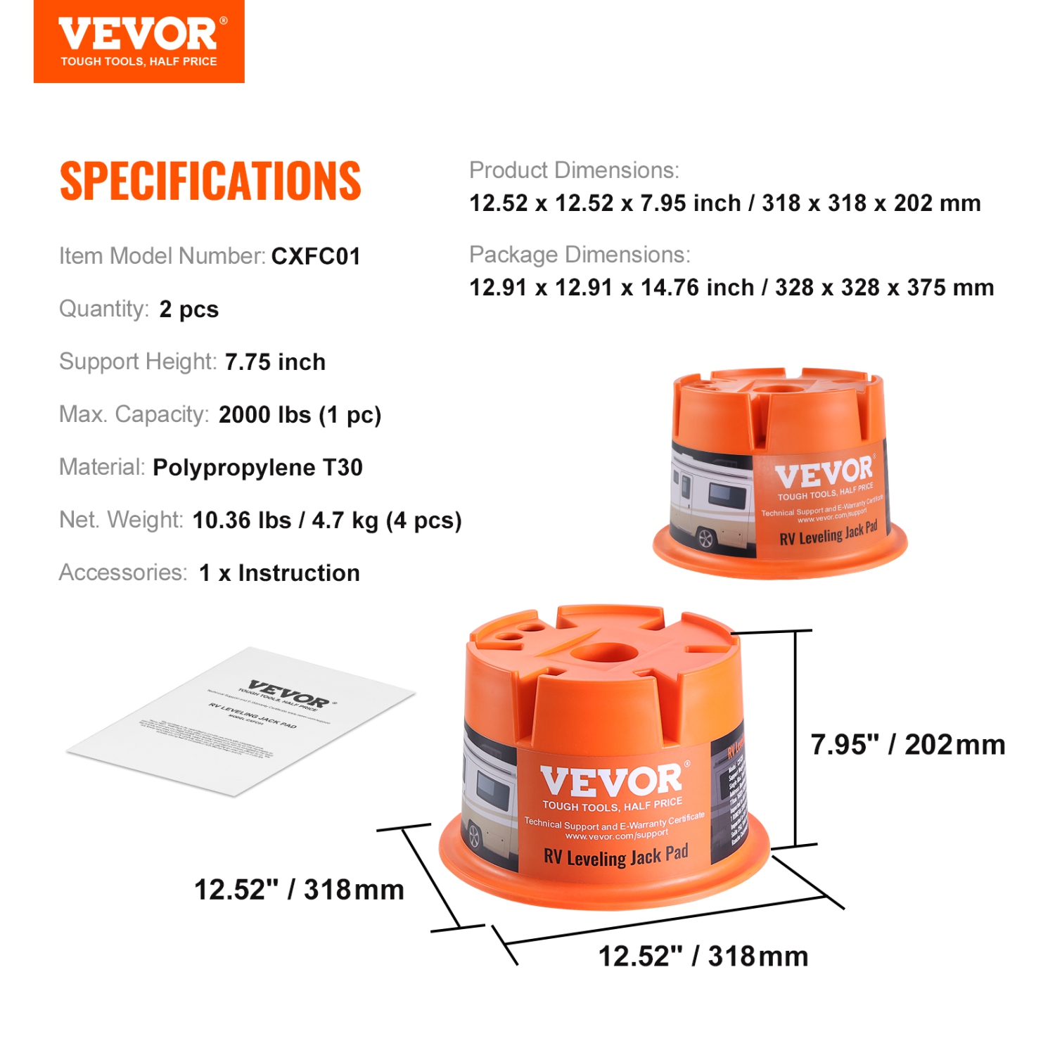 VEVOR 2000 lbs Trailer Jack Block,RV Leveling Block, High-quality Polypropylene RV Camper Stabilizer Blocks, RV Travel Accessories Use for Any Tongue