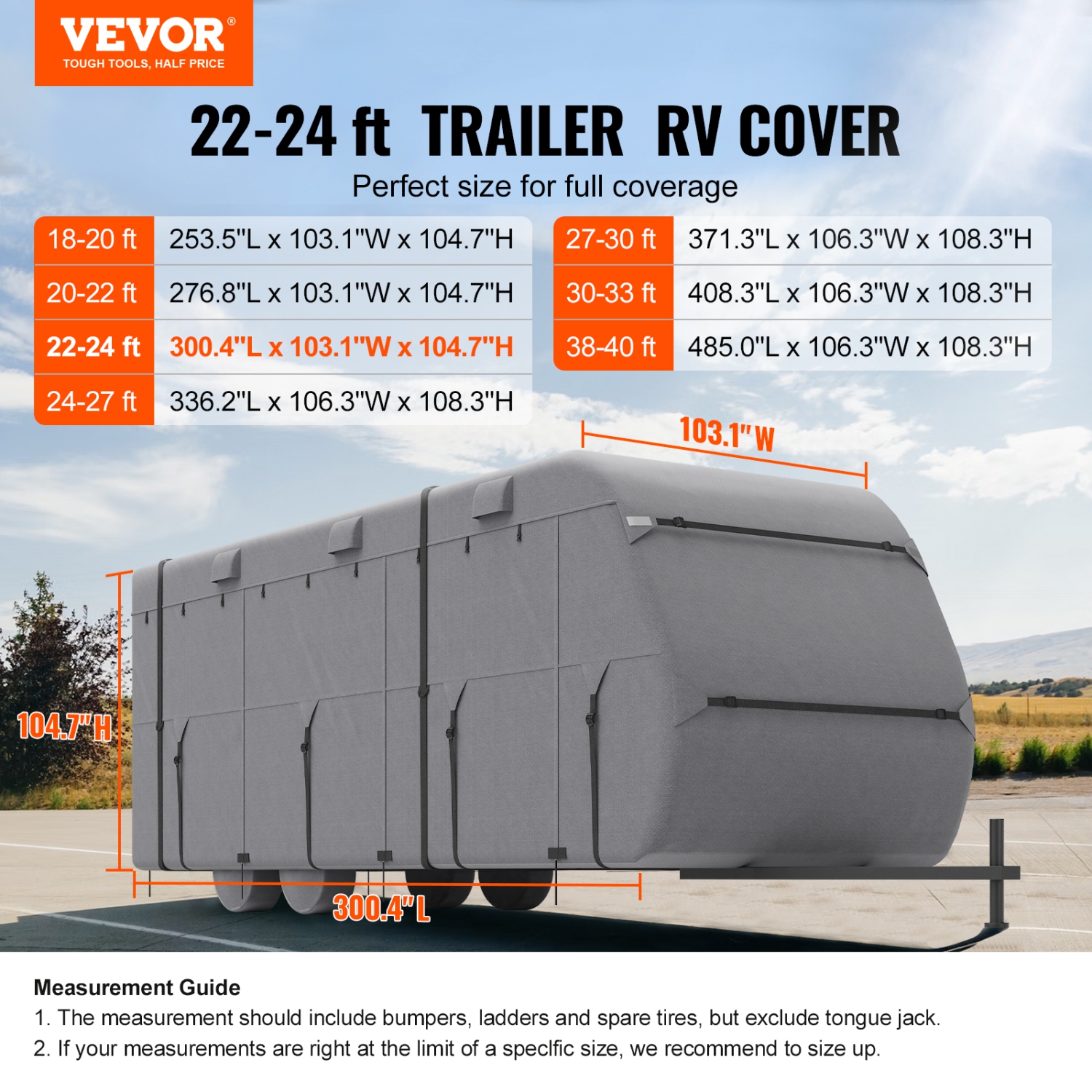 VEVOR 22-24 ft Travel Trailer Cover, RV Cover, 4-Layer Non-Woven Fabric Camper Cover, Waterproof, Windproof and Rip-Stop Class A RV Cover, with