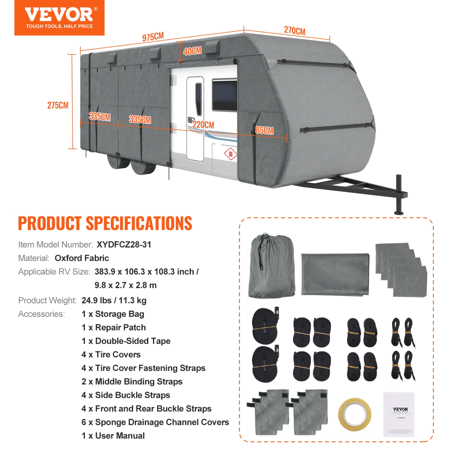 VEVOR 28-31 ft Travel Trailer Cover, Class A RV Cover, Top 300D Oxford Fabric Camper Cover, Waterproof, Windproof and Rip-Stop, with Storage Bag,