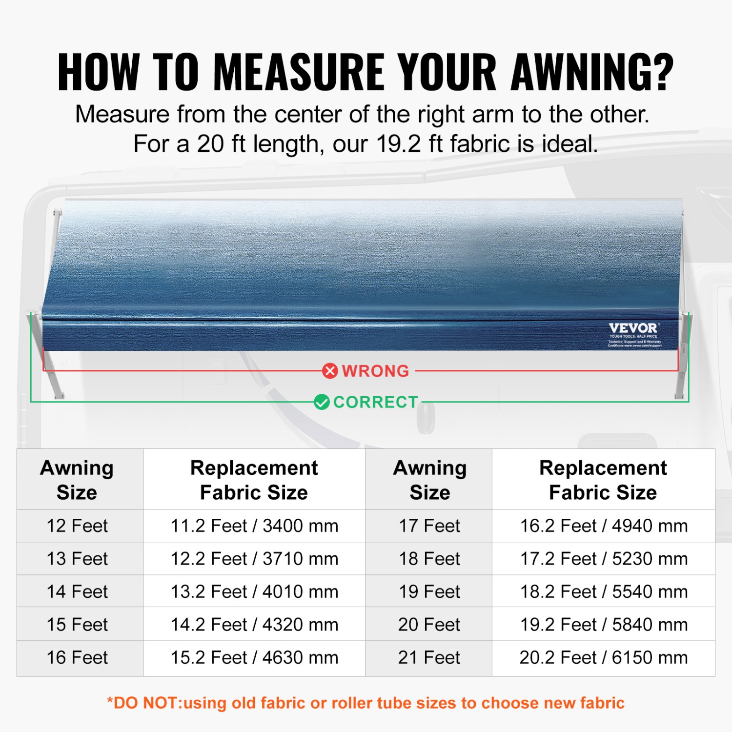 VEVOR RV Awning Fabric Replacement, 19'2" Fabric Length for 20' Awning, Heavy Duty 3-Ply 16oz PVC Camper Awning Fabric, Waterproof & UV Protection
