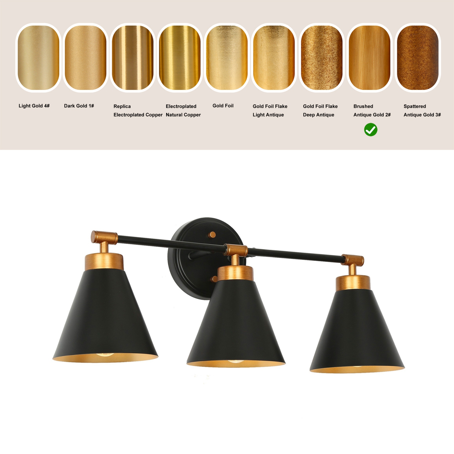 Uolfin 22.4-in 3 -Light Matte Black with Metal Cone Shade Modern/contemporary Bathroom Vanity light Powder Room Light Fixture