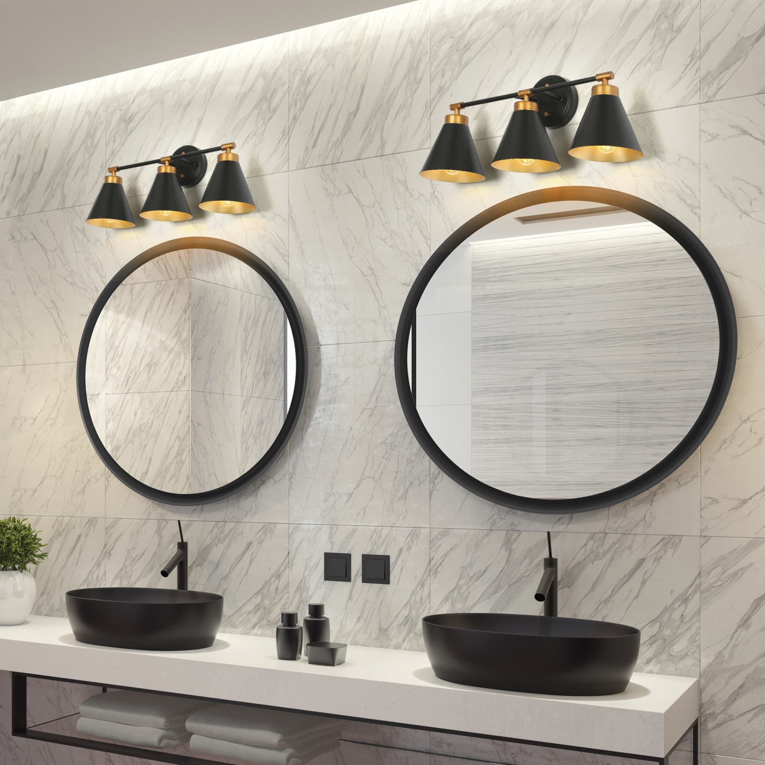 Uolfin 22.4-in 3 -Light Matte Black with Metal Cone Shade Modern/contemporary Bathroom Vanity light Powder Room Light Fixture