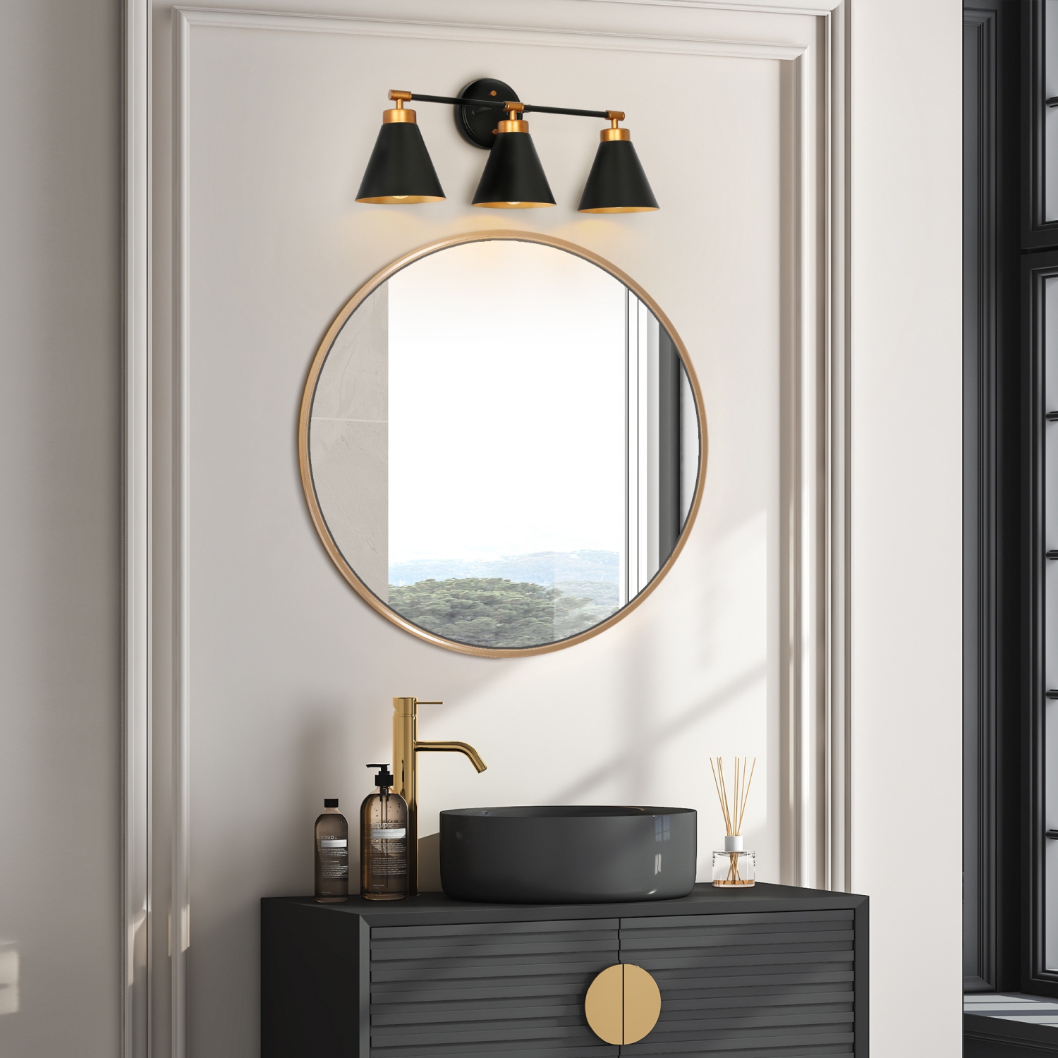 Uolfin 22.4-in 3 -Light Matte Black with Metal Cone Shade Modern/contemporary Bathroom Vanity light Powder Room Light Fixture