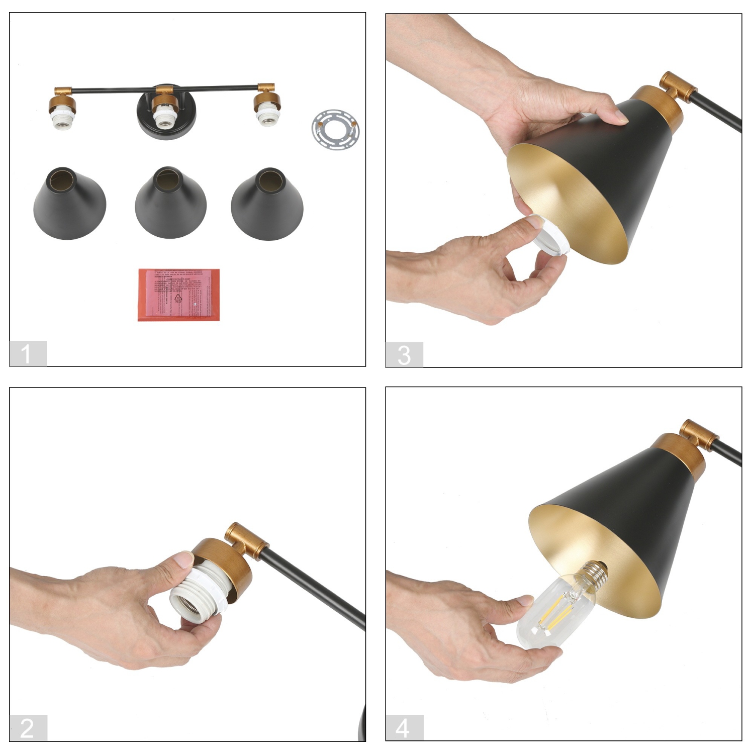 Uolfin 22.4-in 3 -Light Matte Black with Metal Cone Shade Modern/contemporary Bathroom Vanity light Powder Room Light Fixture