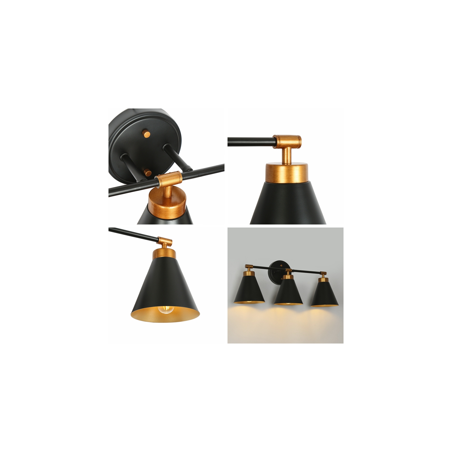 Uolfin 22.4-in 3 -Light Matte Black with Metal Cone Shade Modern/contemporary Bathroom Vanity light Powder Room Light Fixture