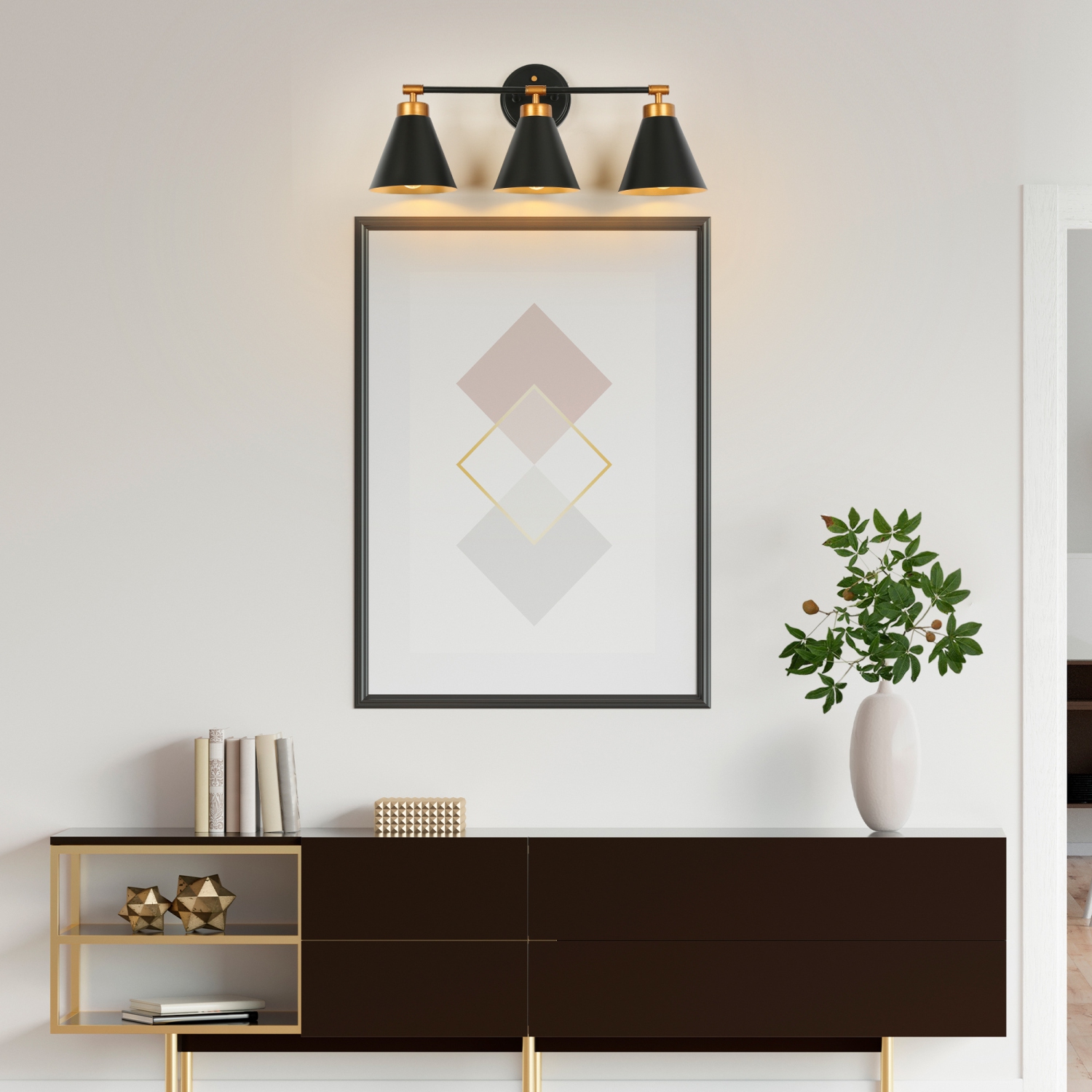 Uolfin 22.4-in 3 -Light Matte Black with Metal Cone Shade Modern/contemporary Bathroom Vanity light Powder Room Light Fixture