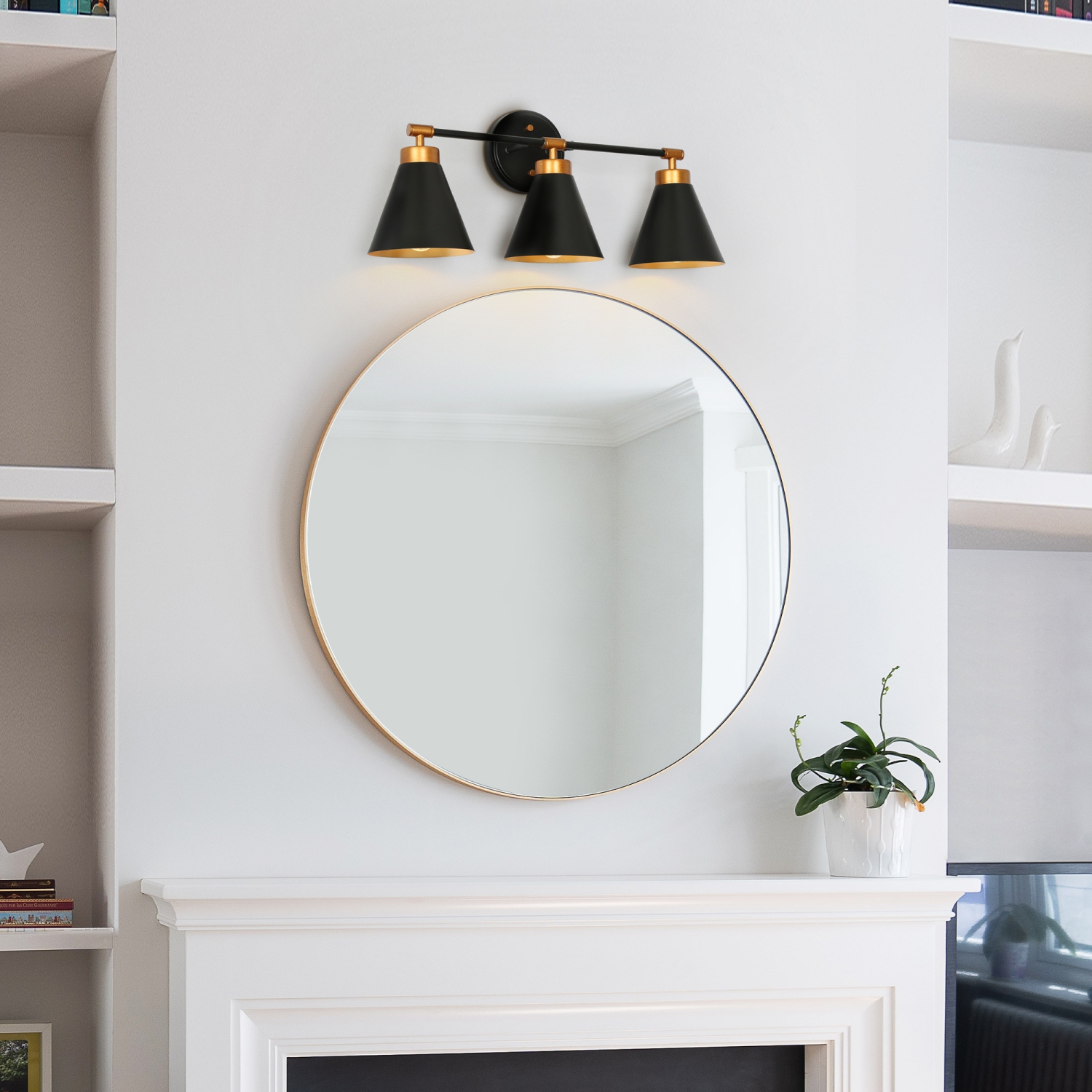 Uolfin 22.4-in 3 -Light Matte Black with Metal Cone Shade Modern/contemporary Bathroom Vanity light Powder Room Light Fixture