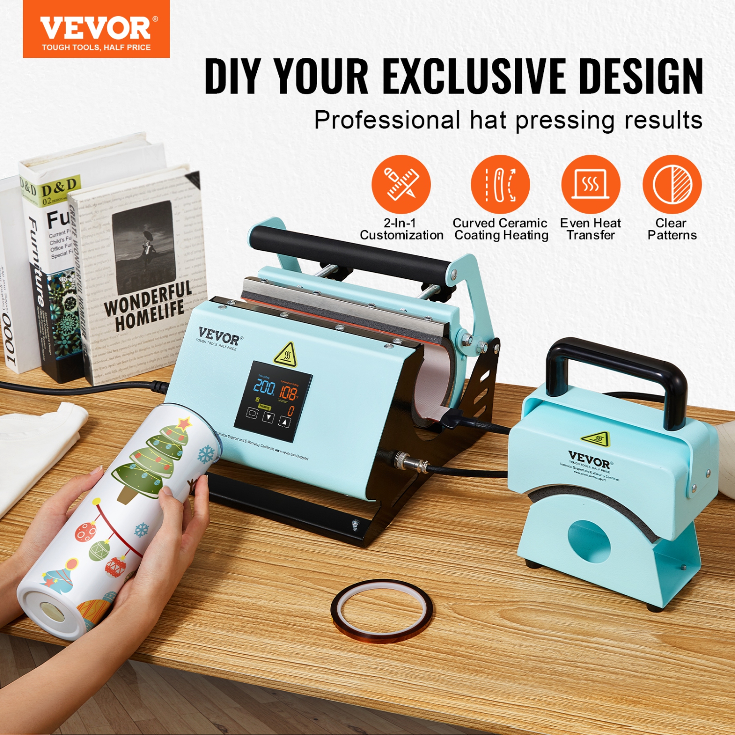 VEVOR 2 in 1 Tumbler and Hat Heat Press Machine, Mini Hat Heat Press for Caps, Tumbler Heat Press for 11-30oz Sublimation Tumblers and Mugs,