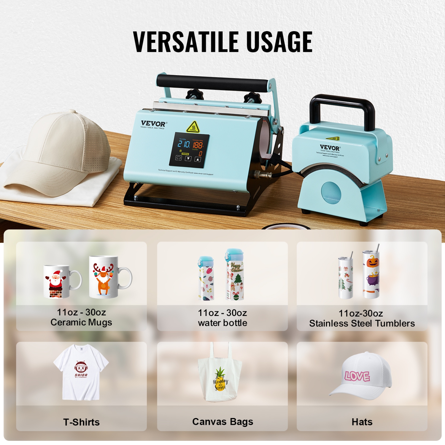 VEVOR 2 in 1 Tumbler and Hat Heat Press Machine, Mini Hat Heat Press for Caps, Tumbler Heat Press for 11-30oz Sublimation Tumblers and Mugs,