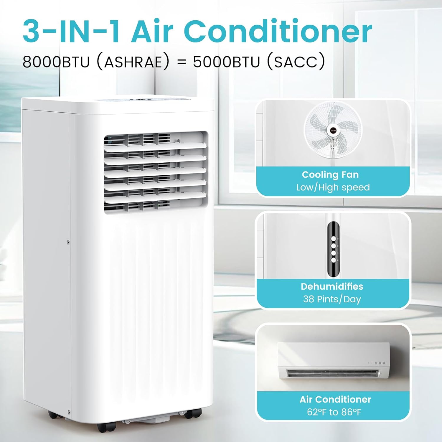 ZAFRO Portable Air Conditioners 8,000 BTU, Portable AC with Cooling, Fan, Dehumidifier Function, 24H Timer, Cooling up to 350 Sq.Ft. Window Kit