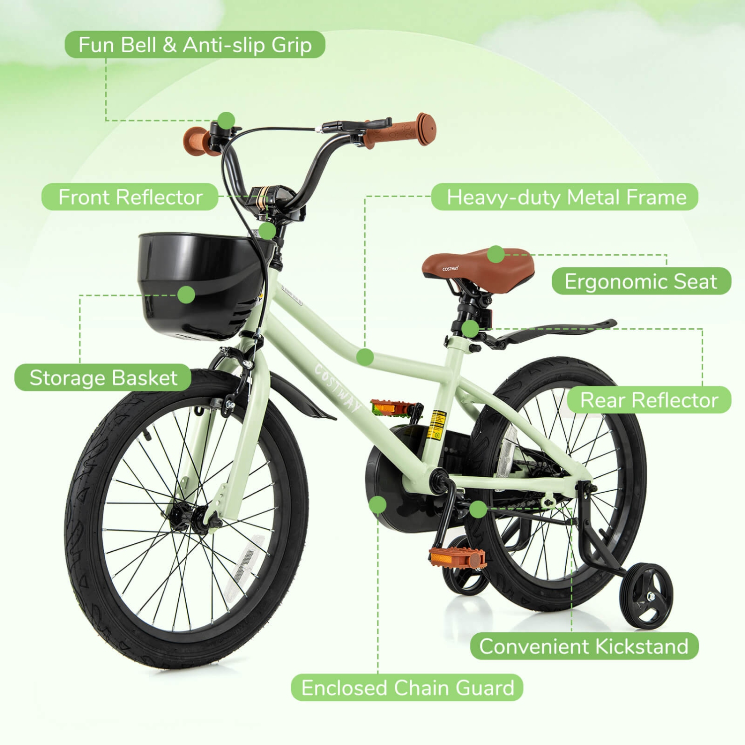 Costway 12"/14"/16"/18" Kid's Bike with Training Wheels Adjustable Handlebar & Seat Handbrake Green/Pink