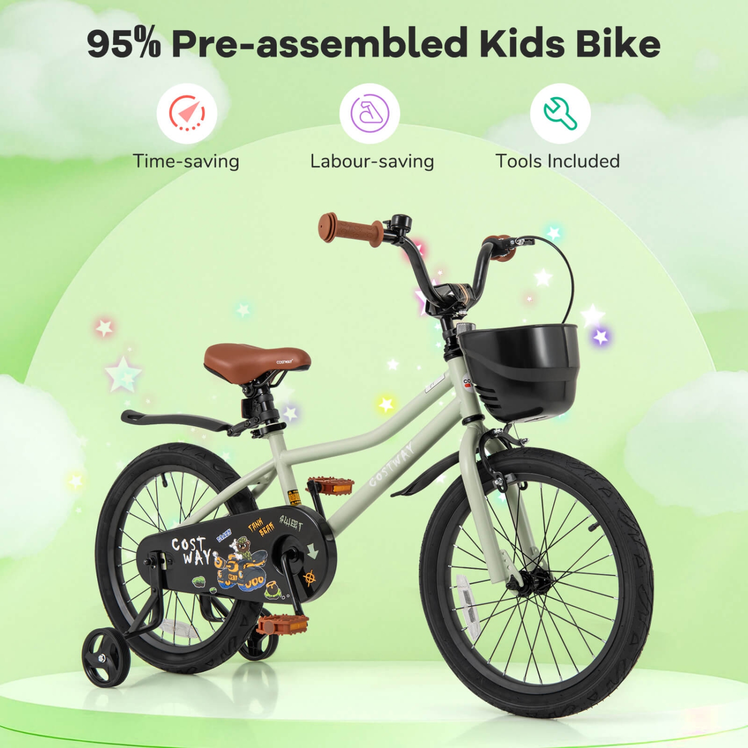 Costway 12"/14"/16"/18" Kid's Bike with Training Wheels Adjustable Handlebar & Seat Handbrake Green/Pink