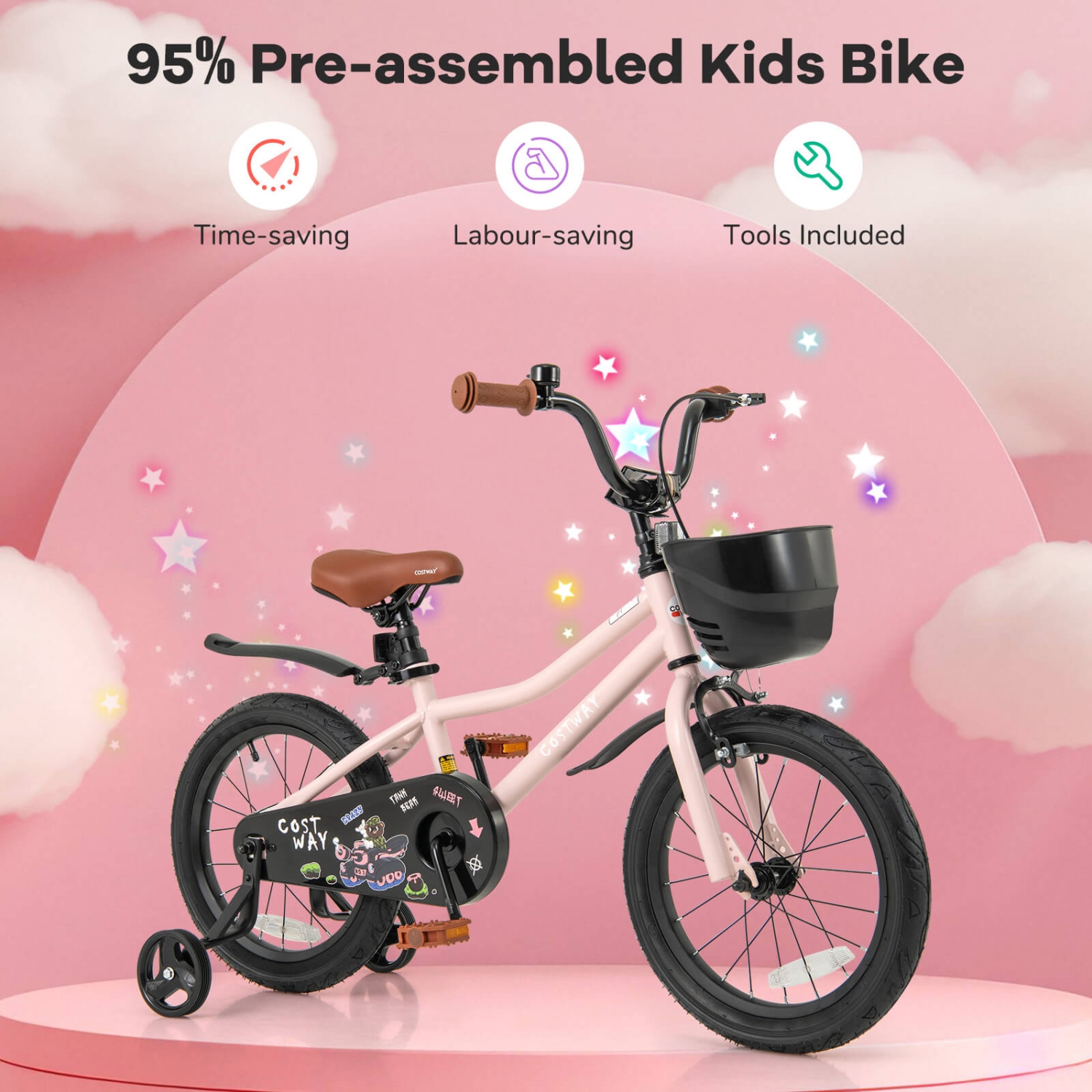 Costway 12"/14"/16"/18" Kid's Bike with Training Wheels Adjustable Handlebar & Seat Handbrake Green/Pink