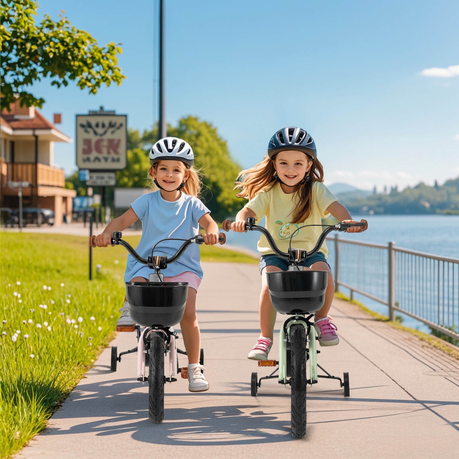 Costway 12"/14"/16"/18" Kid's Bike with Training Wheels Adjustable Handlebar & Seat Handbrake Green/Pink