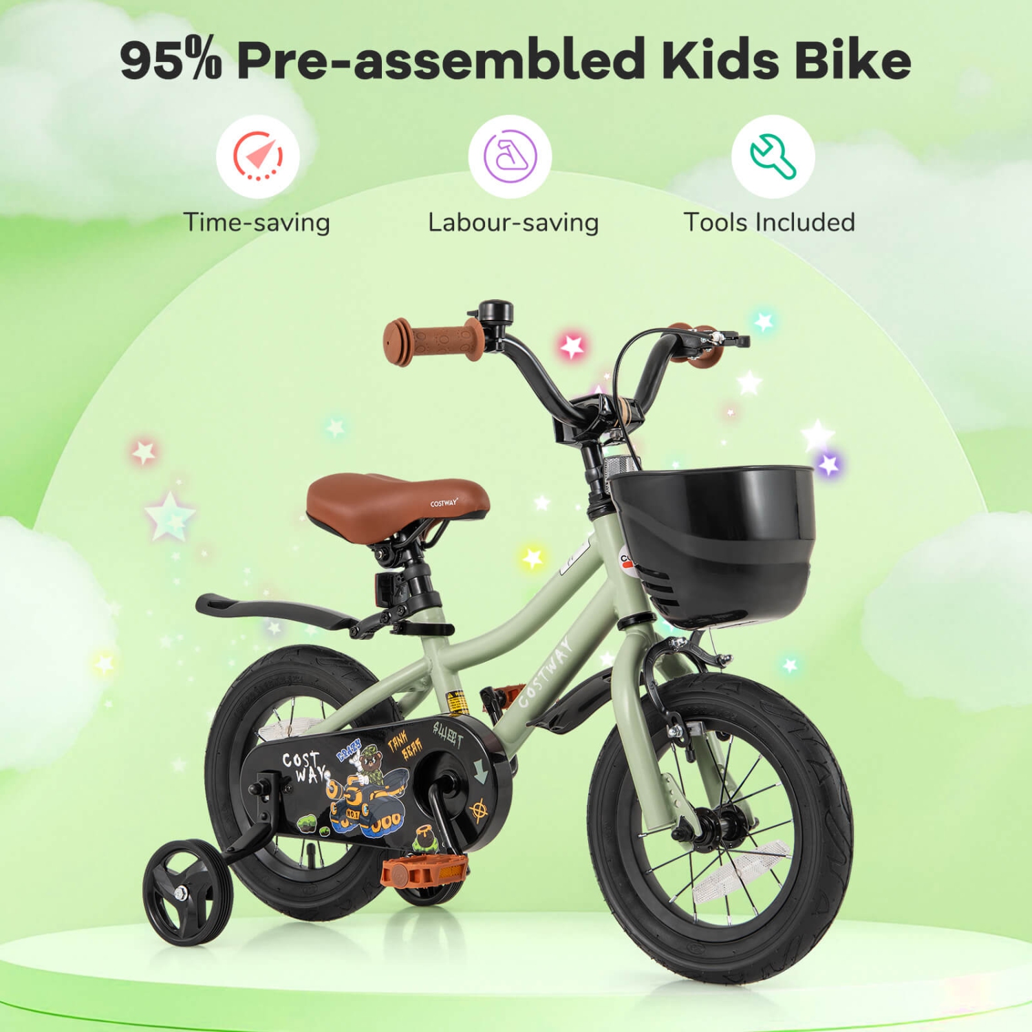Costway 12"/14"/16"/18" Kid's Bike with Training Wheels Adjustable Handlebar & Seat Handbrake Green/Pink