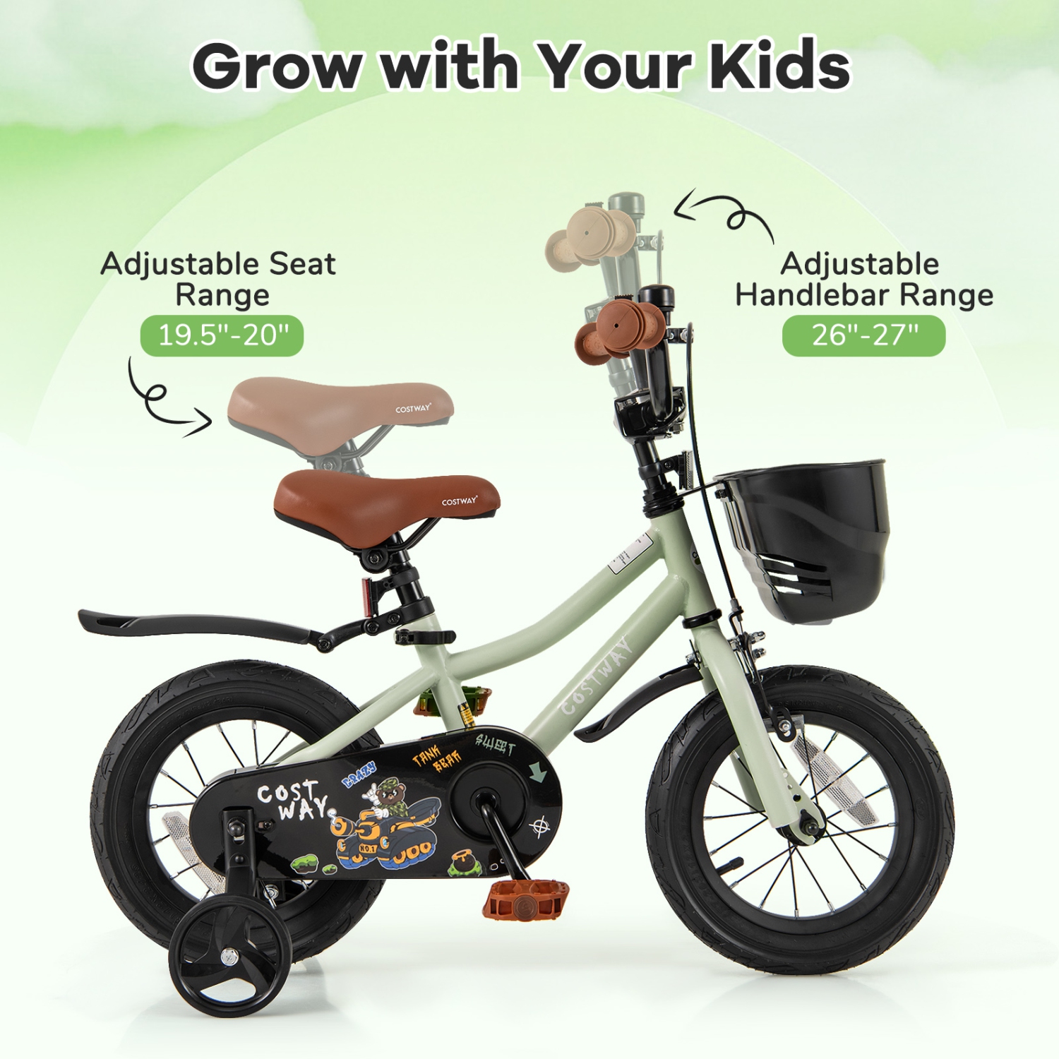 Costway 12"/14"/16"/18" Kid's Bike with Training Wheels Adjustable Handlebar & Seat Handbrake Green/Pink