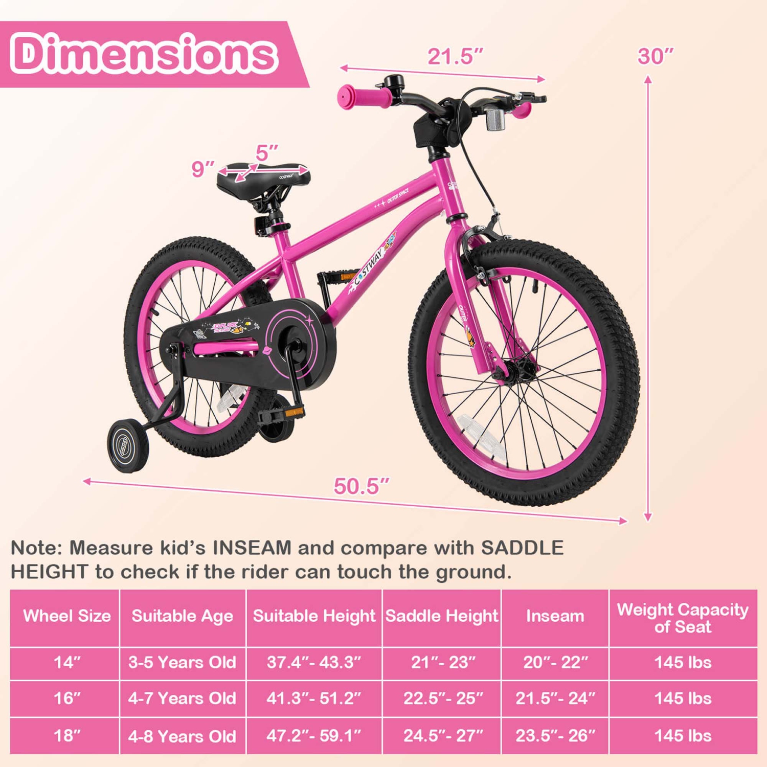 Vélo pour enfants de 18&nbsp;po de Costway pour enfants de 4-8 ans avec selle réglable et guidon antidérapant rose