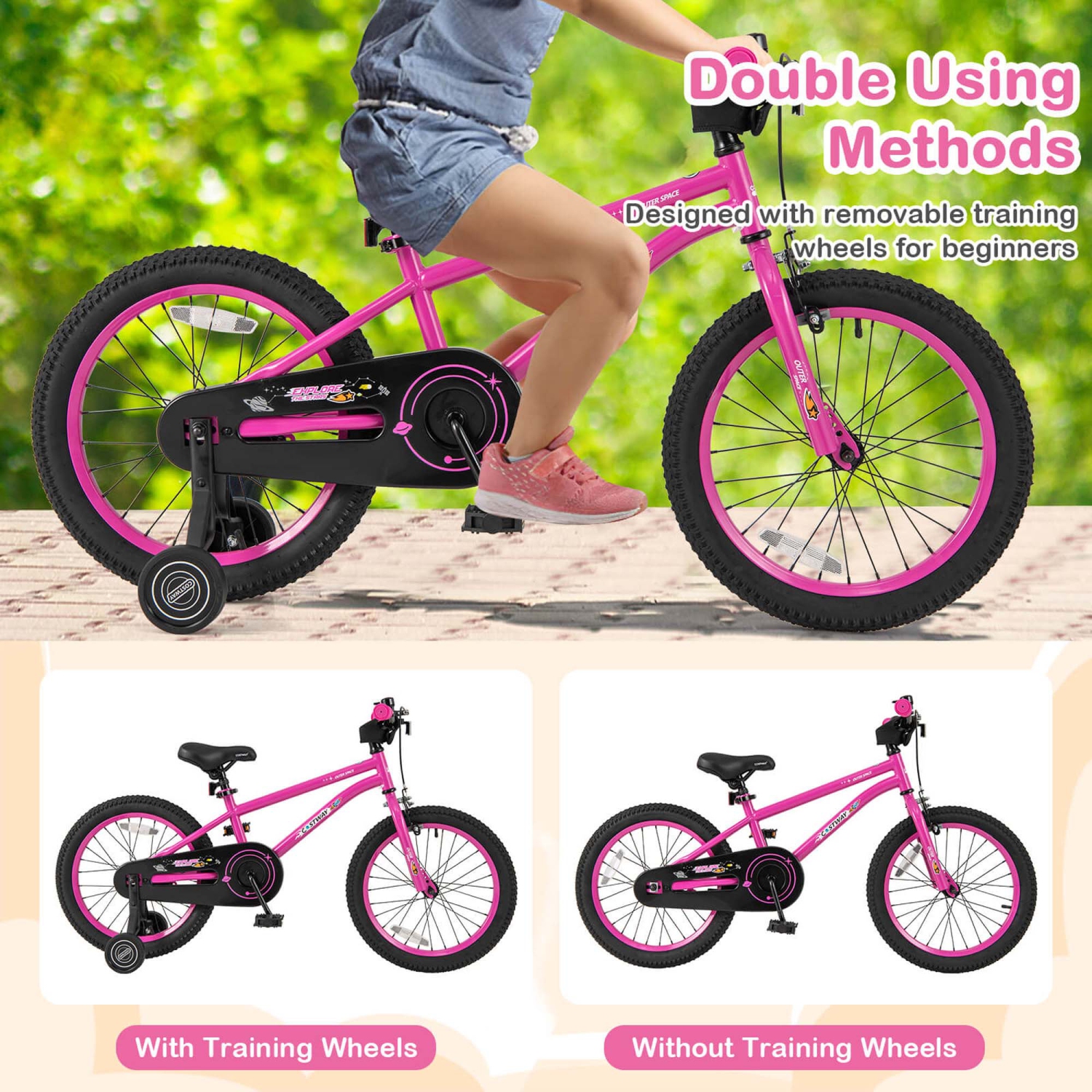 Vélo pour enfants de 18&nbsp;po de Costway pour enfants de 4-8 ans avec selle réglable et guidon antidérapant rose