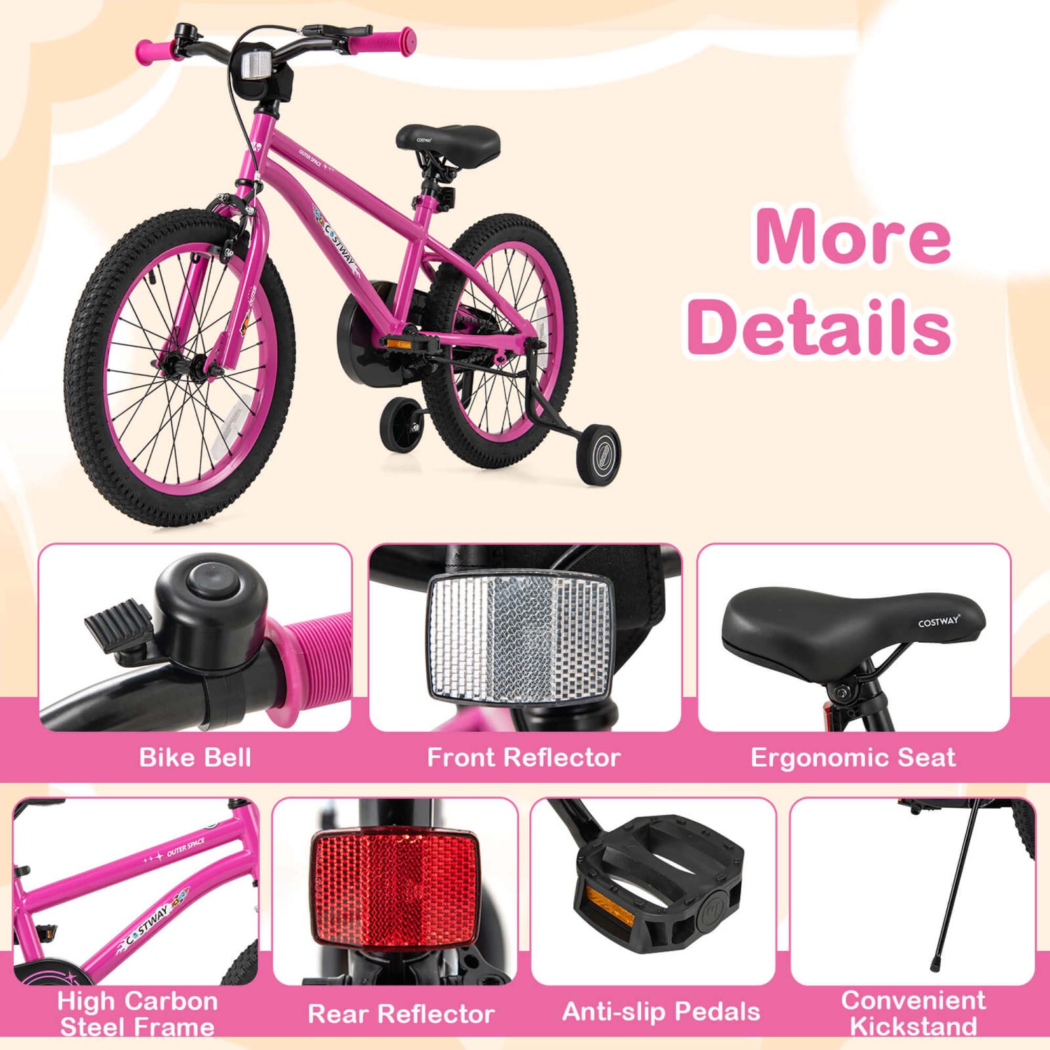 Vélo pour enfants de 18&nbsp;po de Costway pour enfants de 4-8 ans avec selle réglable et guidon antidérapant rose