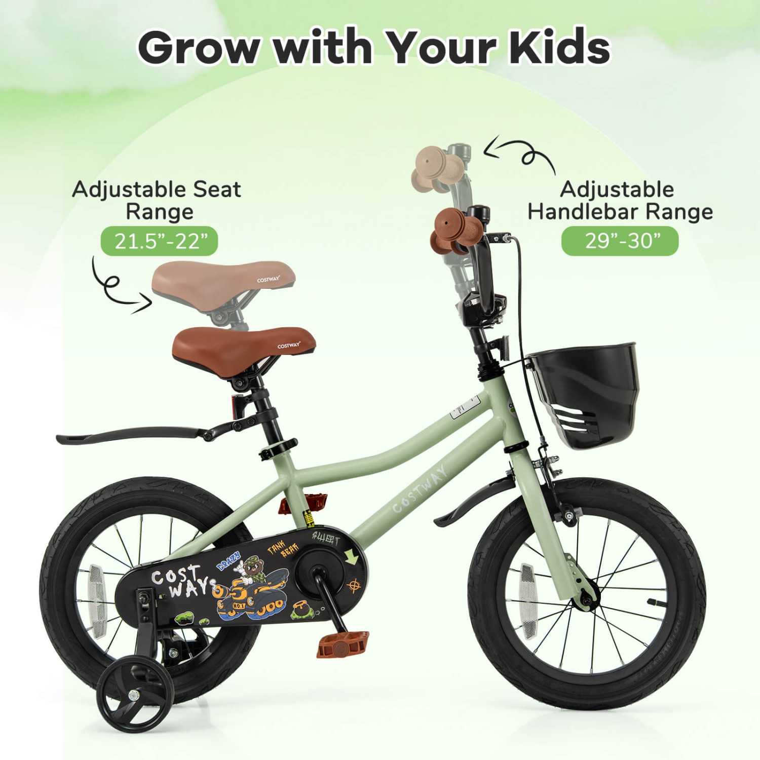 Costway 12"/14"/16"/18" Kid's Bike with Training Wheels Adjustable Handlebar & Seat Handbrake Green/Pink