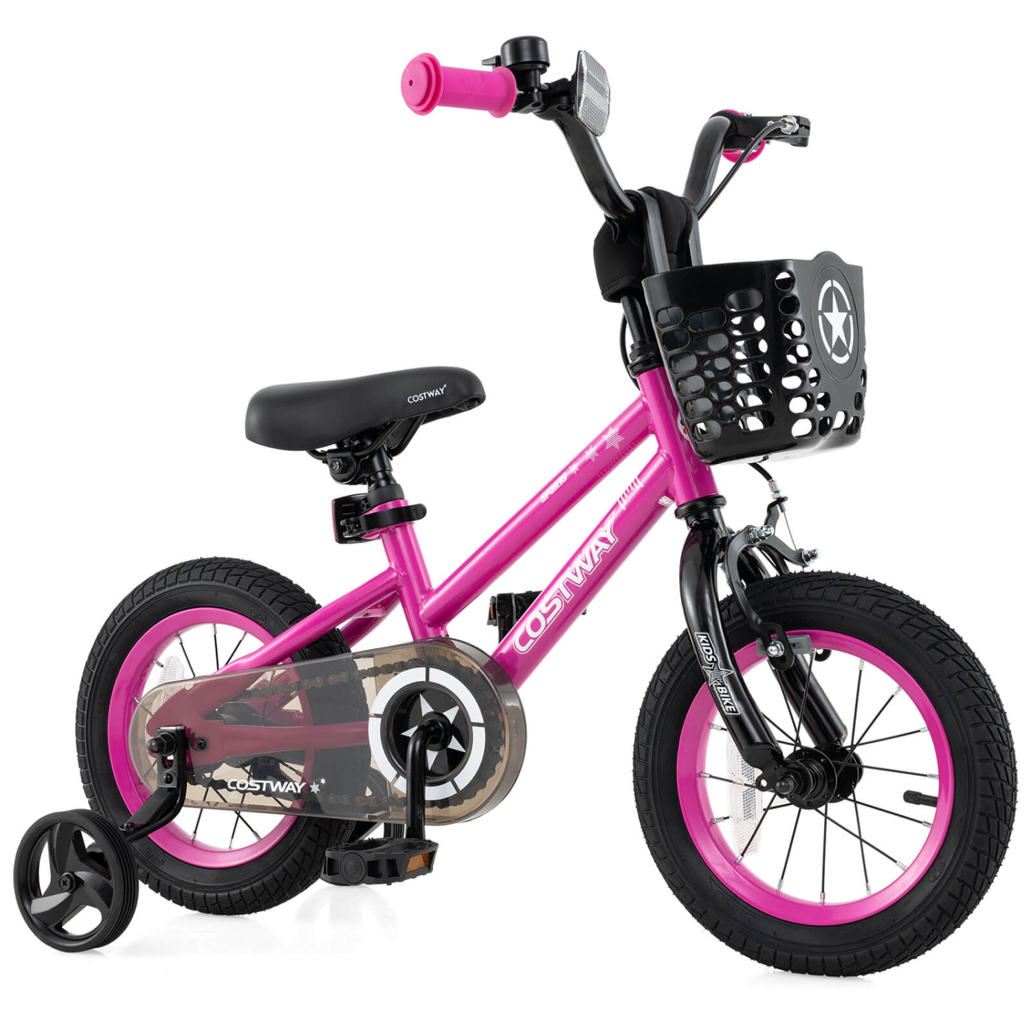 Vélo pour enfants de Costway avec roues stabilisatrices, guidon réglable et siège, frein à main noir/rose/argenté