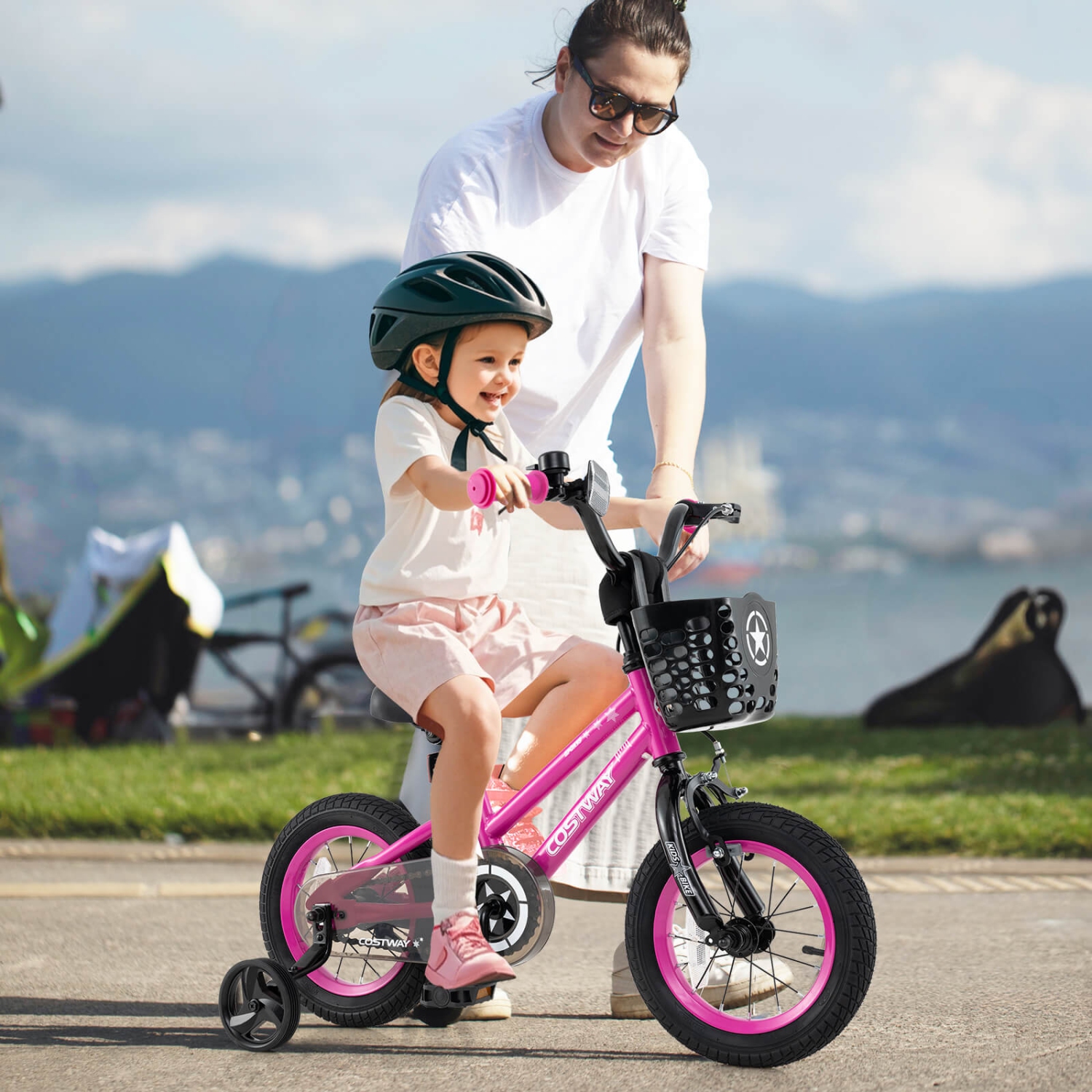 Vélo pour enfants de Costway avec roues stabilisatrices, guidon réglable et siège, frein à main noir/rose/argenté