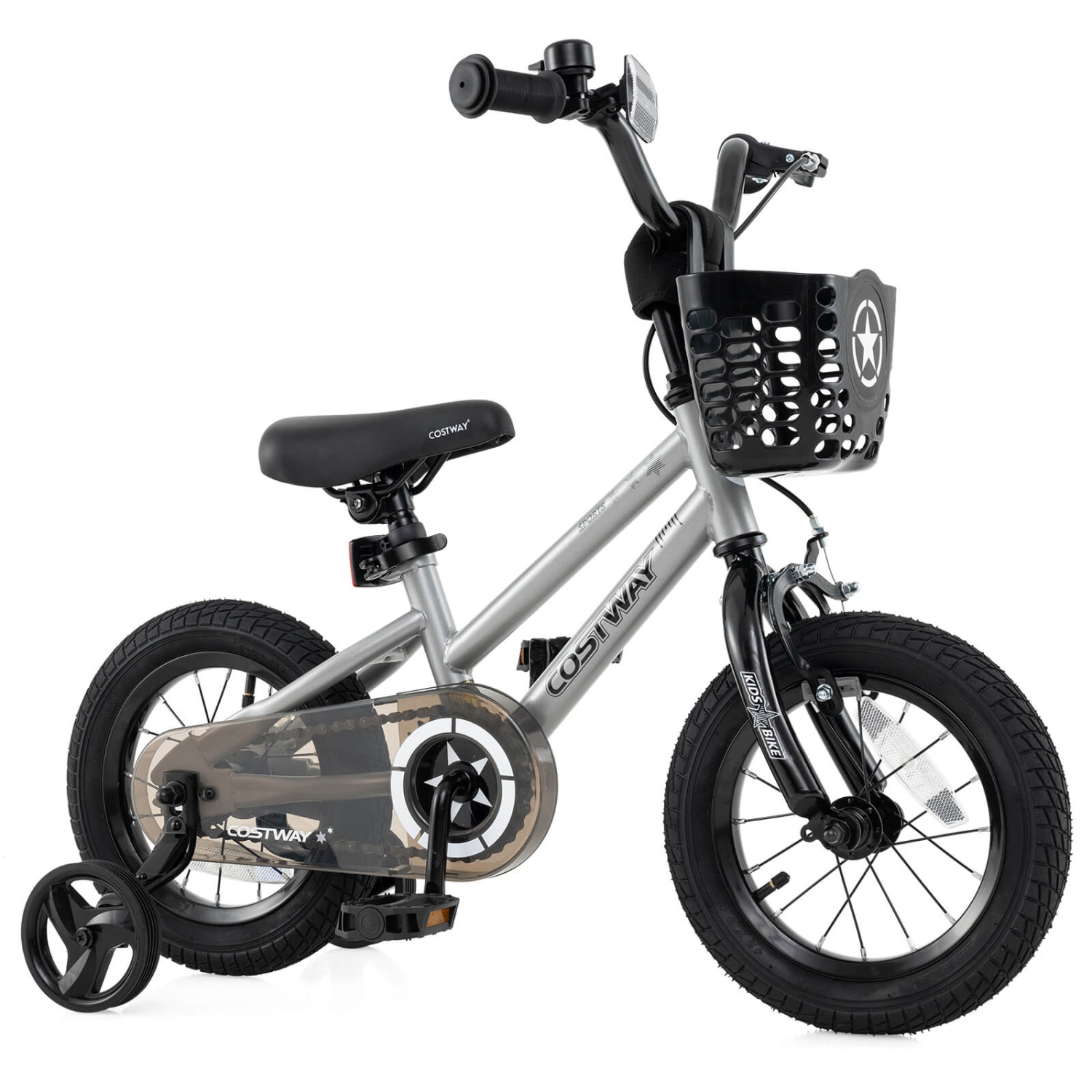Vélo pour enfants de Costway avec roues stabilisatrices, guidon réglable et siège, frein à main noir/rose/argenté