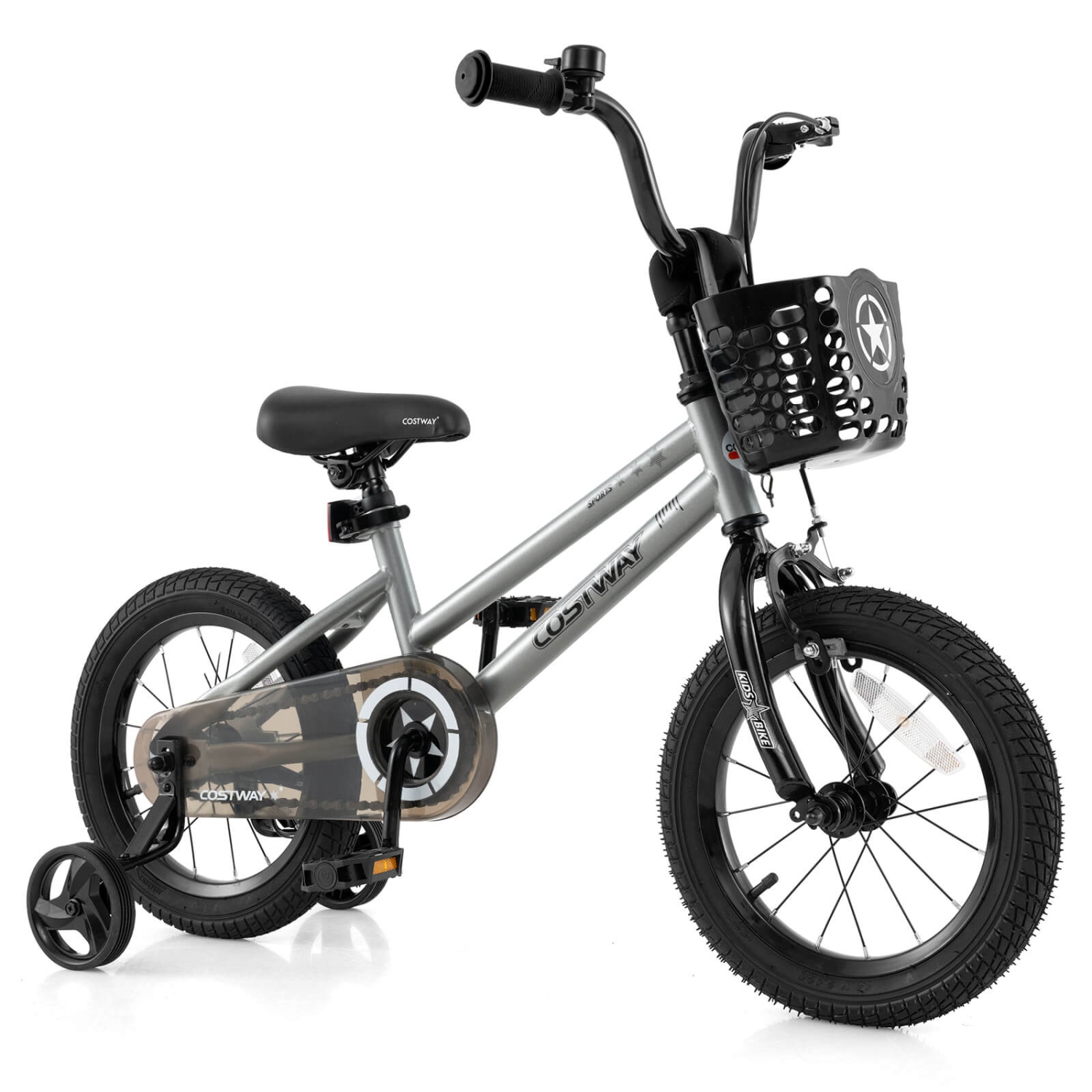 Vélo pour enfants de Costway avec roues stabilisatrices, guidon réglable et siège, frein à main noir/rose/argenté