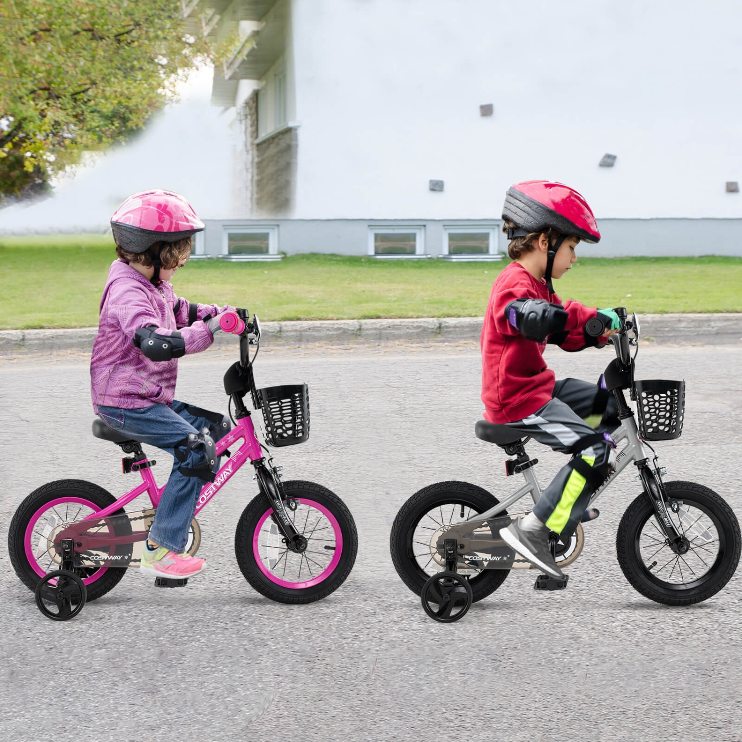 Vélo pour enfants de Costway avec roues stabilisatrices, guidon réglable et siège, frein à main noir/rose/argenté