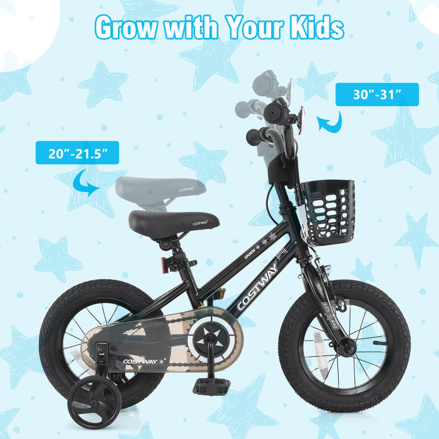 Costway Kid's Bike with Training Wheels Adjustable Handlebar & Seat Handbrake Black/Pink/Silver