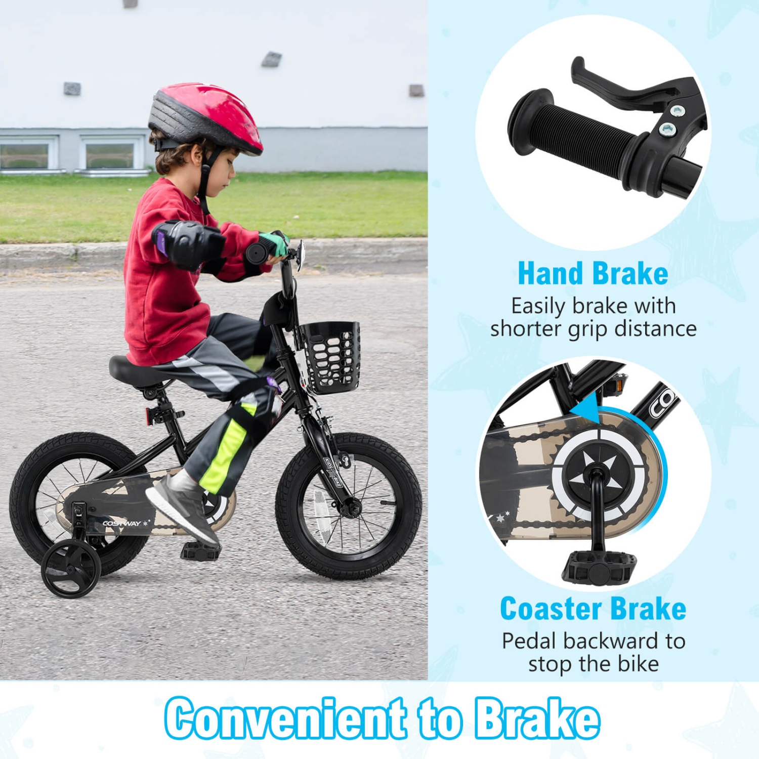 Costway Kid's Bike with Training Wheels Adjustable Handlebar & Seat Handbrake Black/Pink/Silver