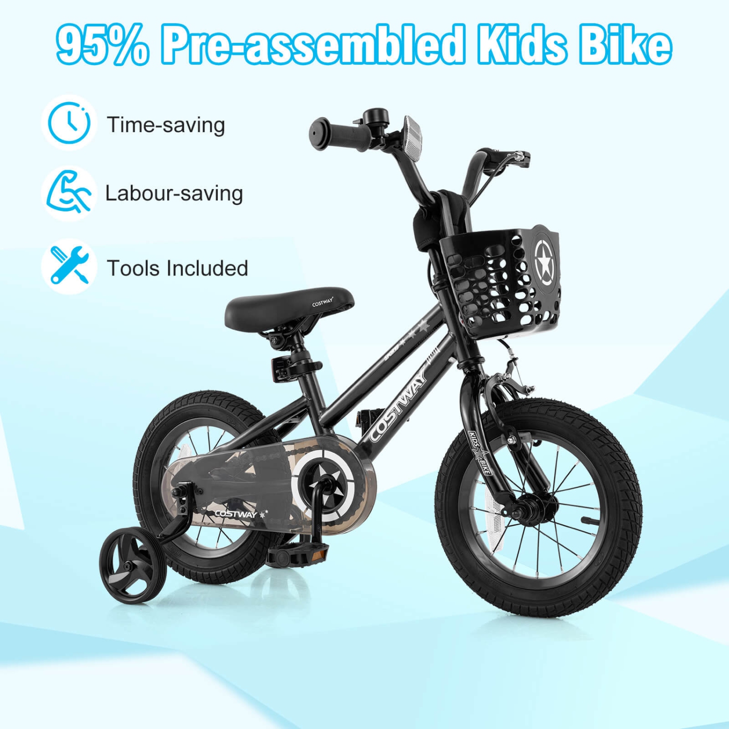 Costway Kid's Bike with Training Wheels Adjustable Handlebar & Seat Handbrake Black/Pink/Silver